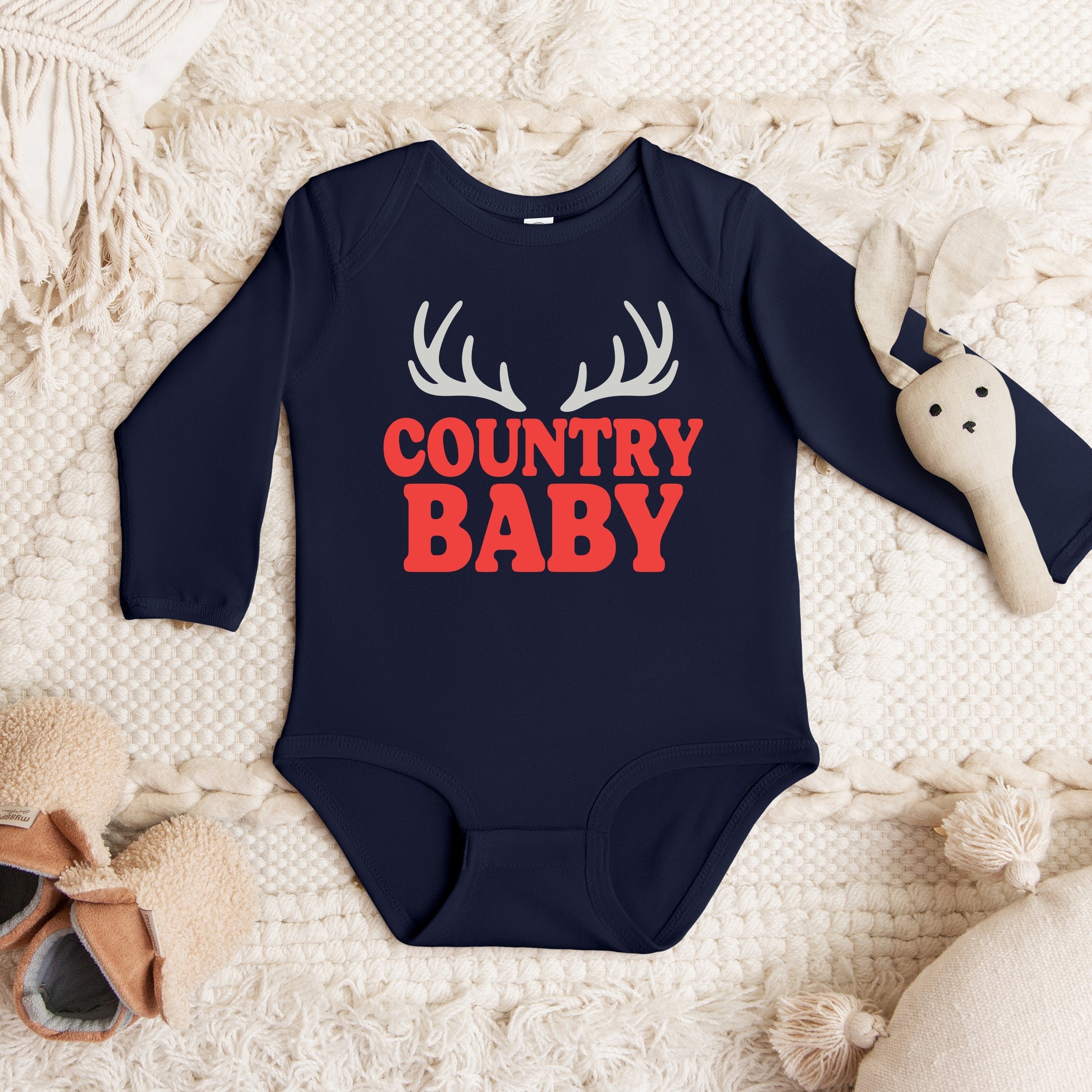 Country Baby Antlers Puff Print  - Baby Long Sleeve Bodysuit