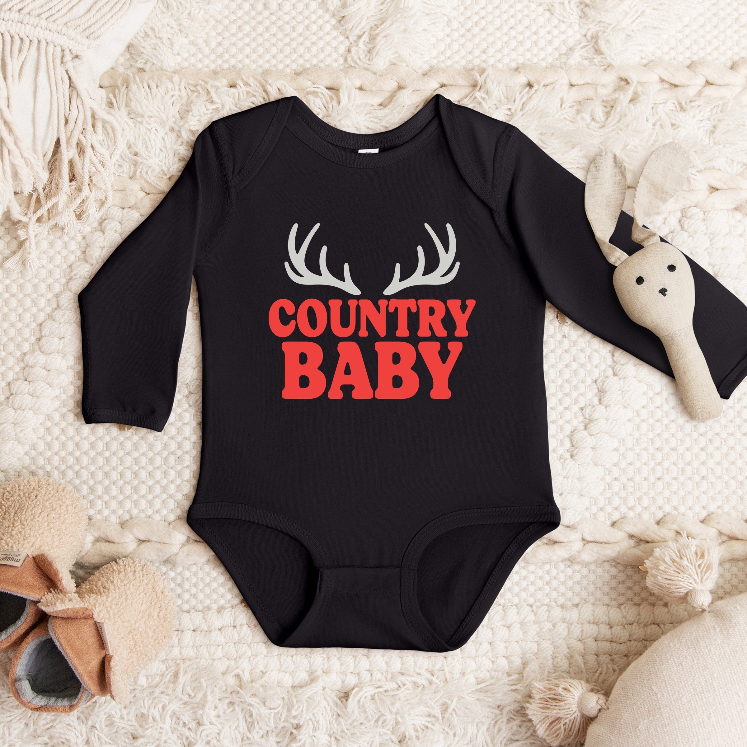 Country Baby Antlers Puff Print  - Baby Long Sleeve Bodysuit