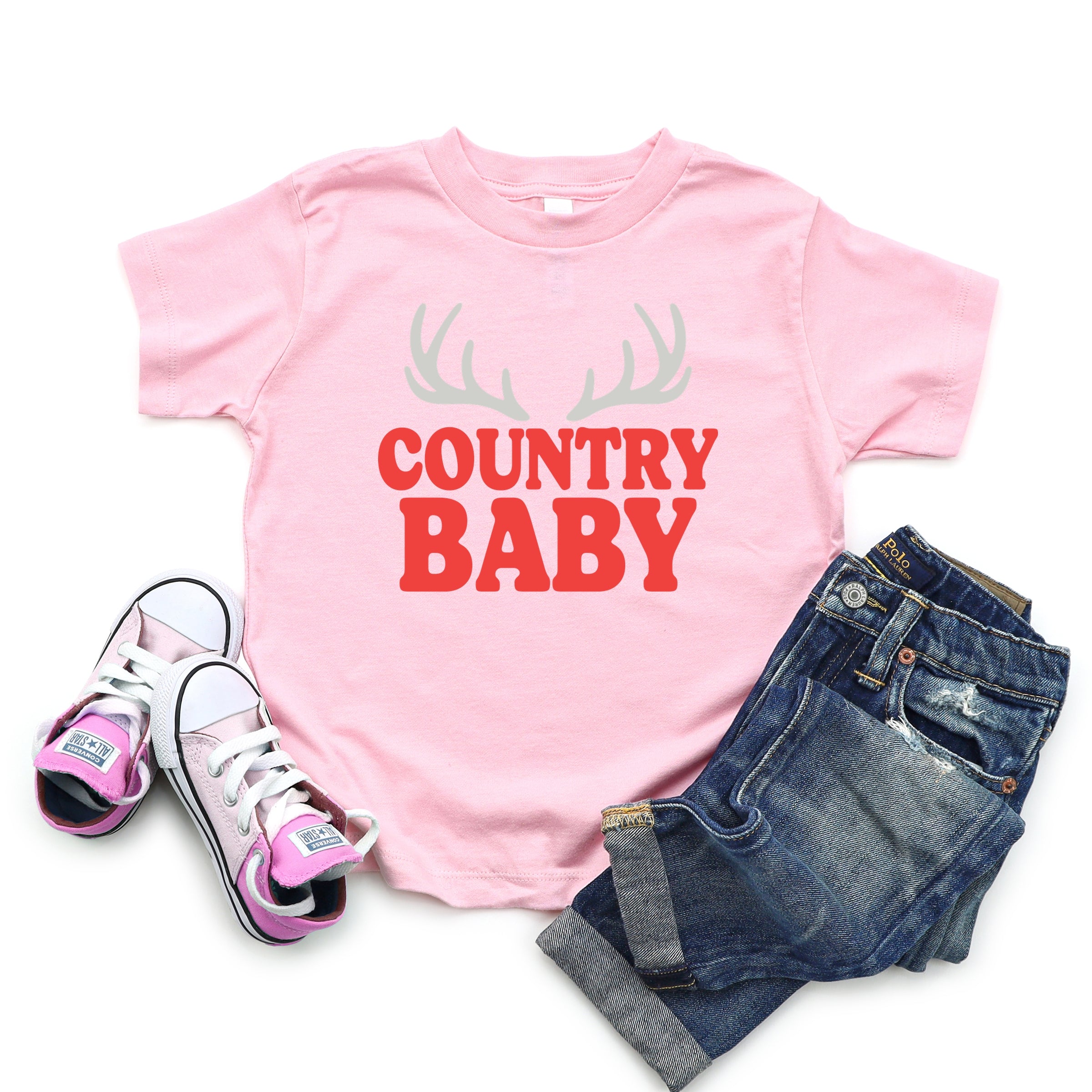 Country Baby Antlers Puff Print  - Toddler Short Sleeve Graphic T-Shirt