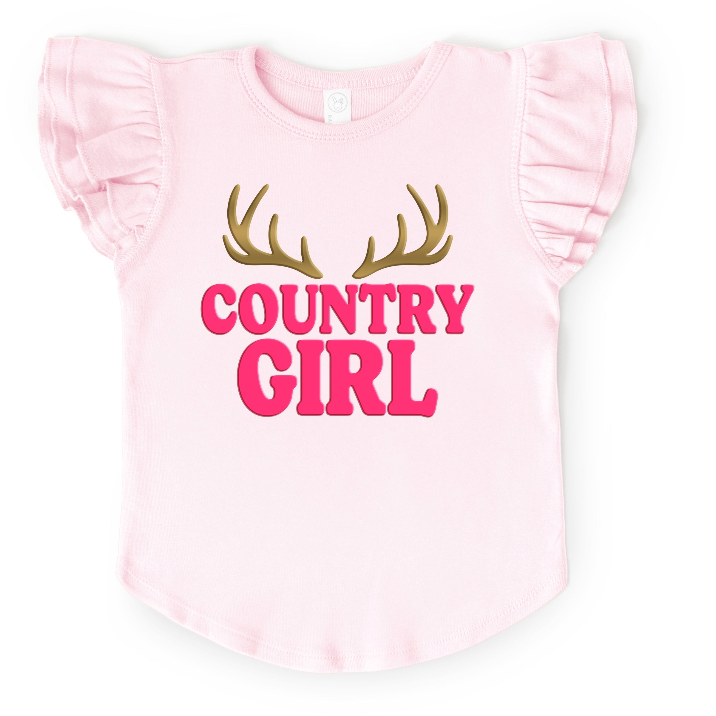 Country Girl Antlers Puff Print  - Flutter Sleeve Graphic T-Shirt
