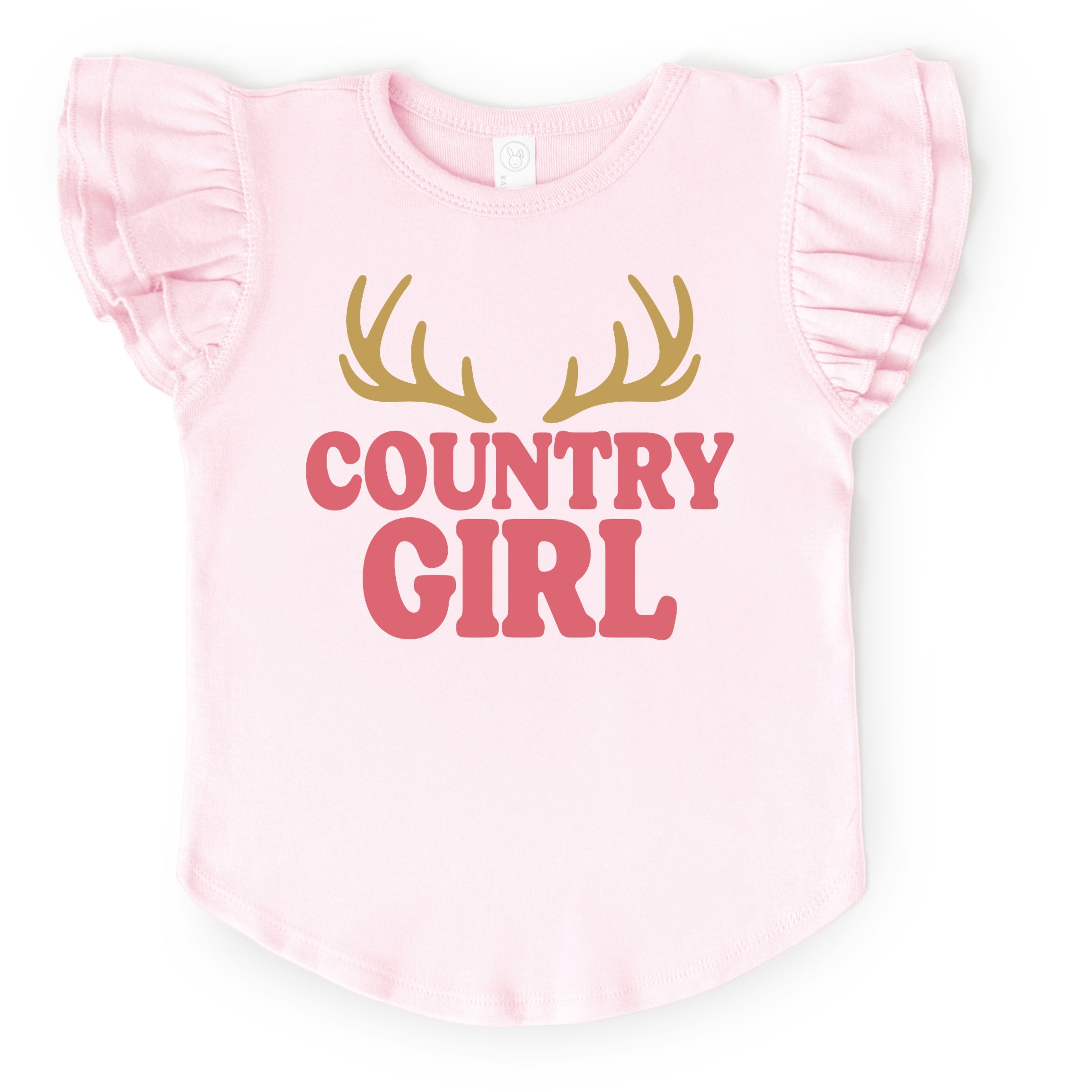 Country Girl Antlers Puff Print  - Flutter Sleeve Graphic T-Shirt