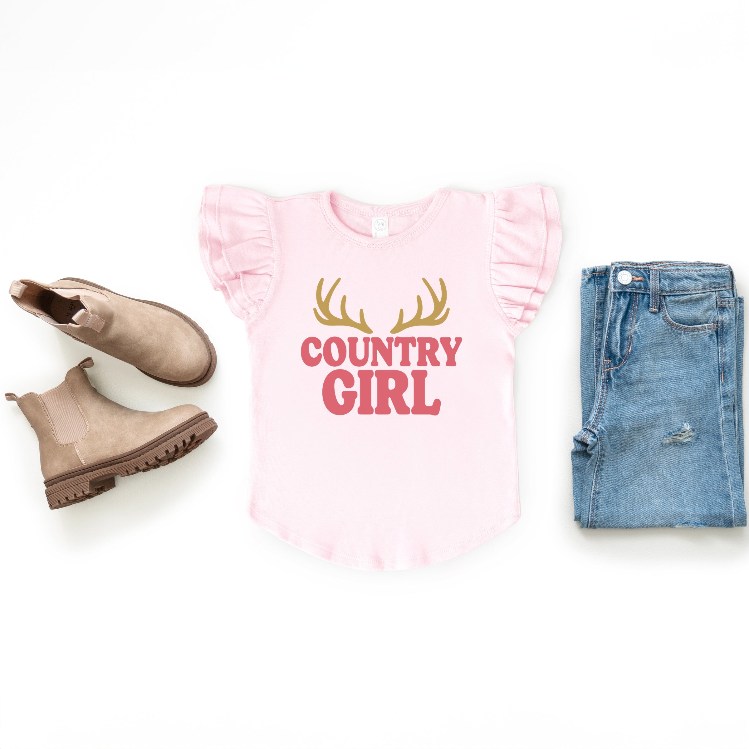 Country Girl Antlers Puff Print  - Flutter Sleeve Graphic T-Shirt