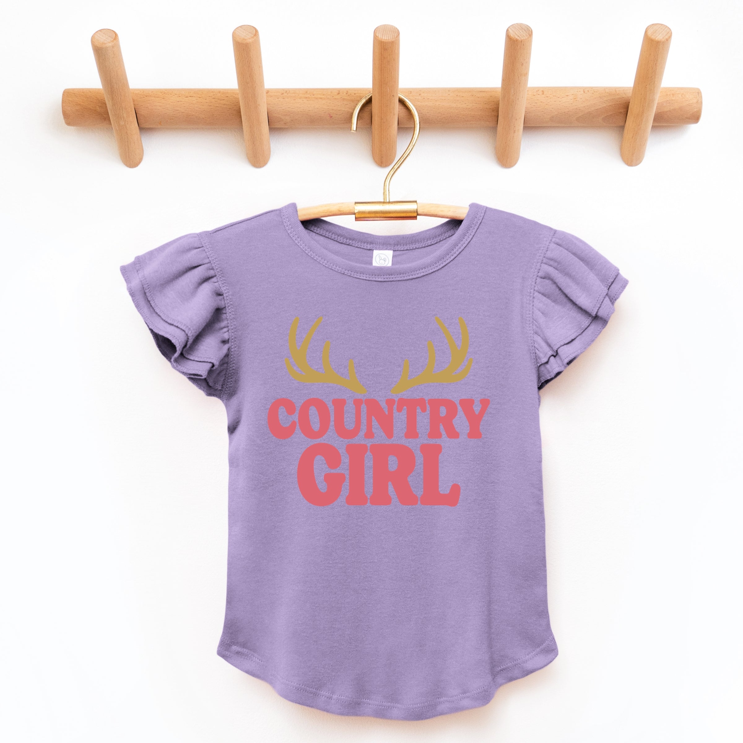 Country Girl Antlers Puff Print  - Flutter Sleeve Graphic T-Shirt