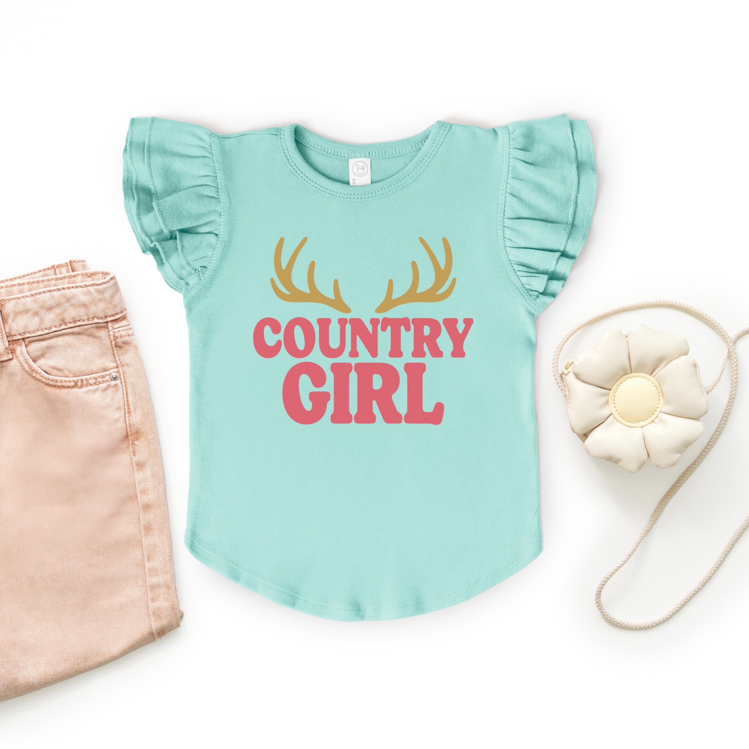 Country Girl Antlers Puff Print  - Flutter Sleeve Graphic T-Shirt