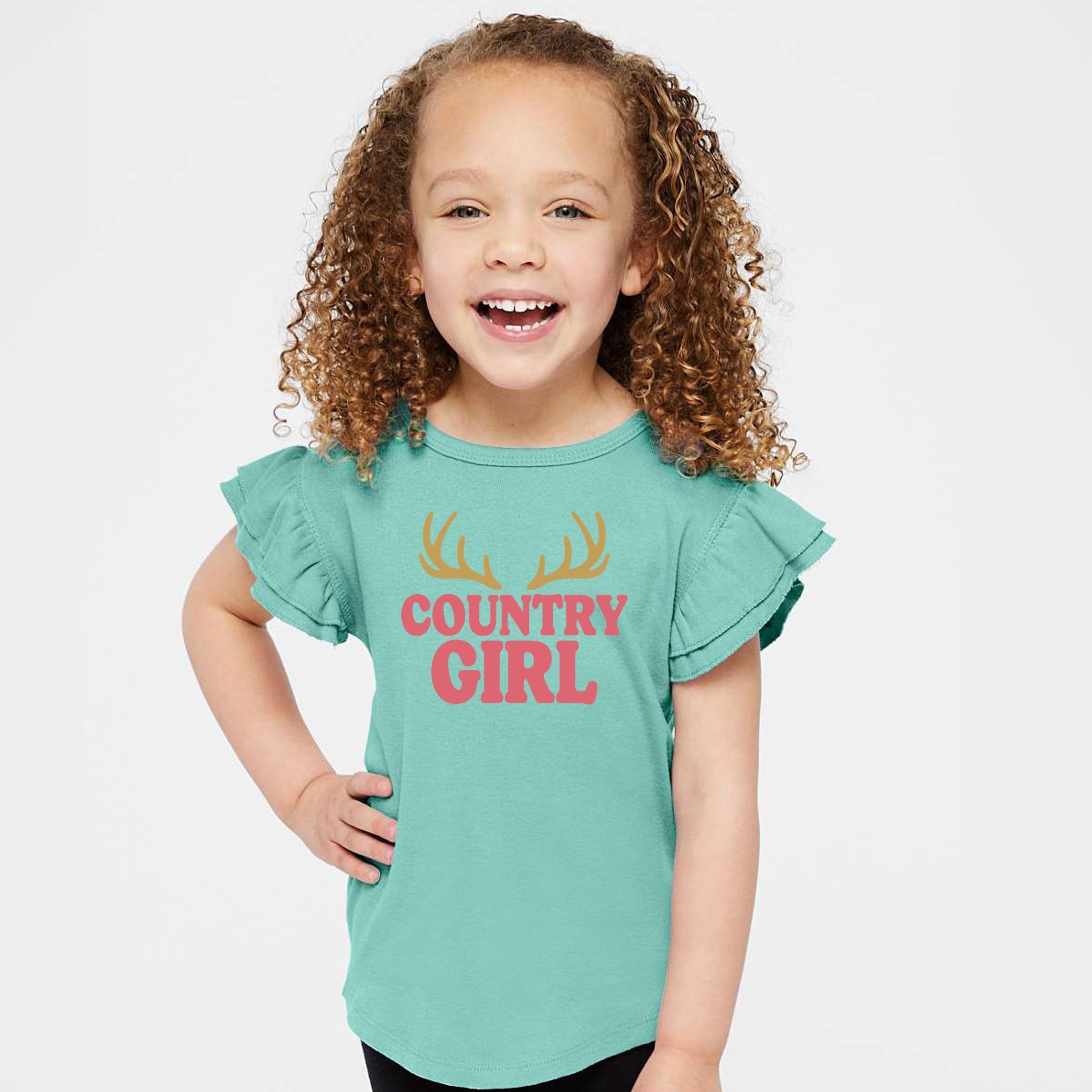 Country Girl Antlers Puff Print  - Flutter Sleeve Graphic T-Shirt