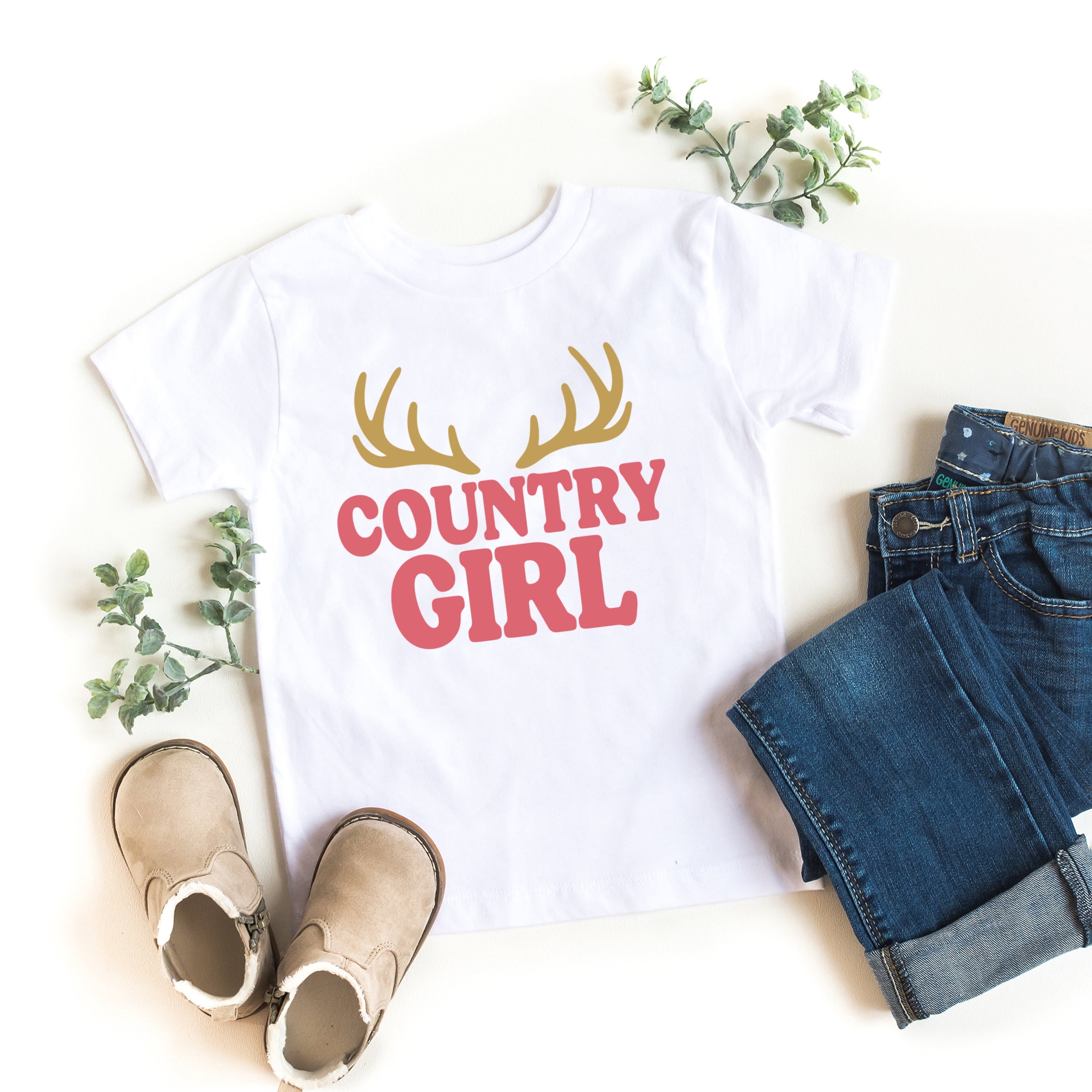Country Girl Antlers Puff Print  - Toddler Short Sleeve Graphic T-Shirt