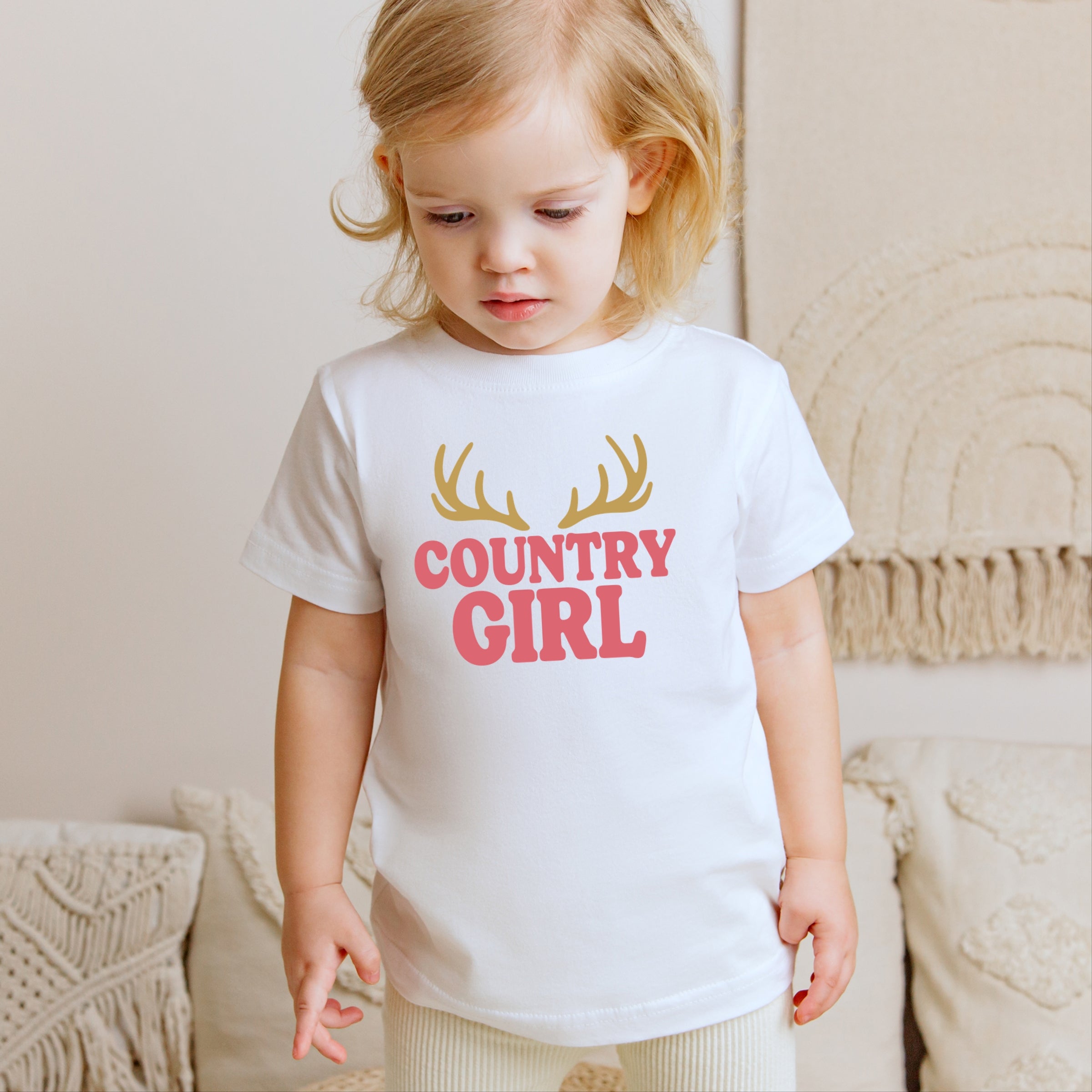 Country Girl Antlers Puff Print  - Toddler Short Sleeve Graphic T-Shirt