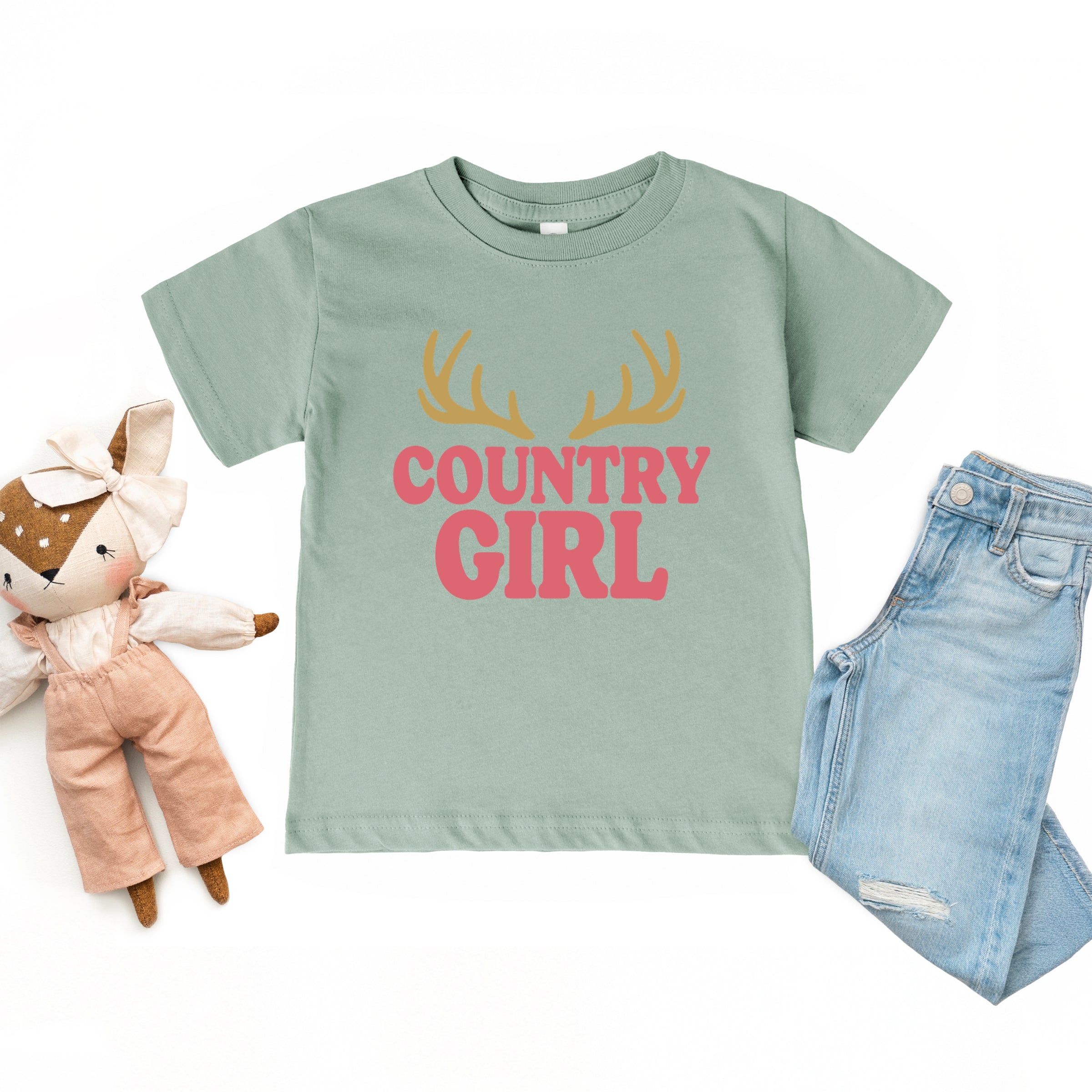 Country Girl Antlers Puff Print  - Toddler Short Sleeve Graphic T-Shirt