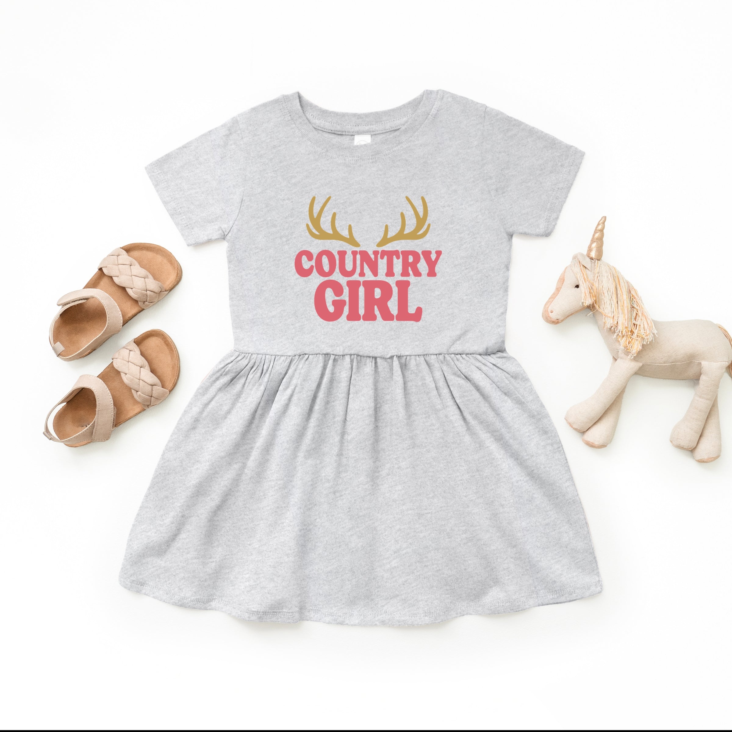 Country Girl Antlers Puff Print  - Toddler Graphic Dress