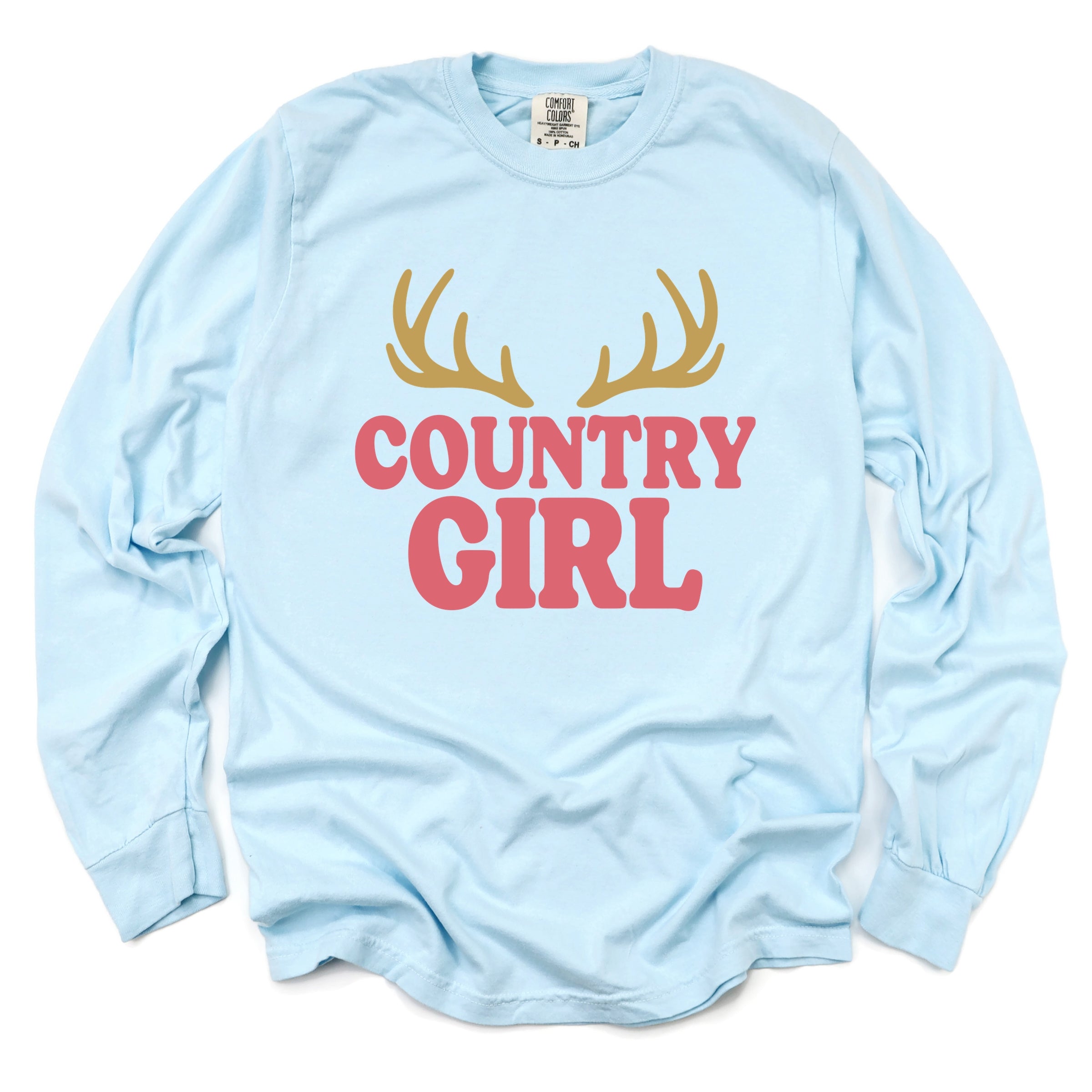 Country Girl Antlers Puff Print - Womens Garment Dyed Long Sleeve Graphic T-Shirt