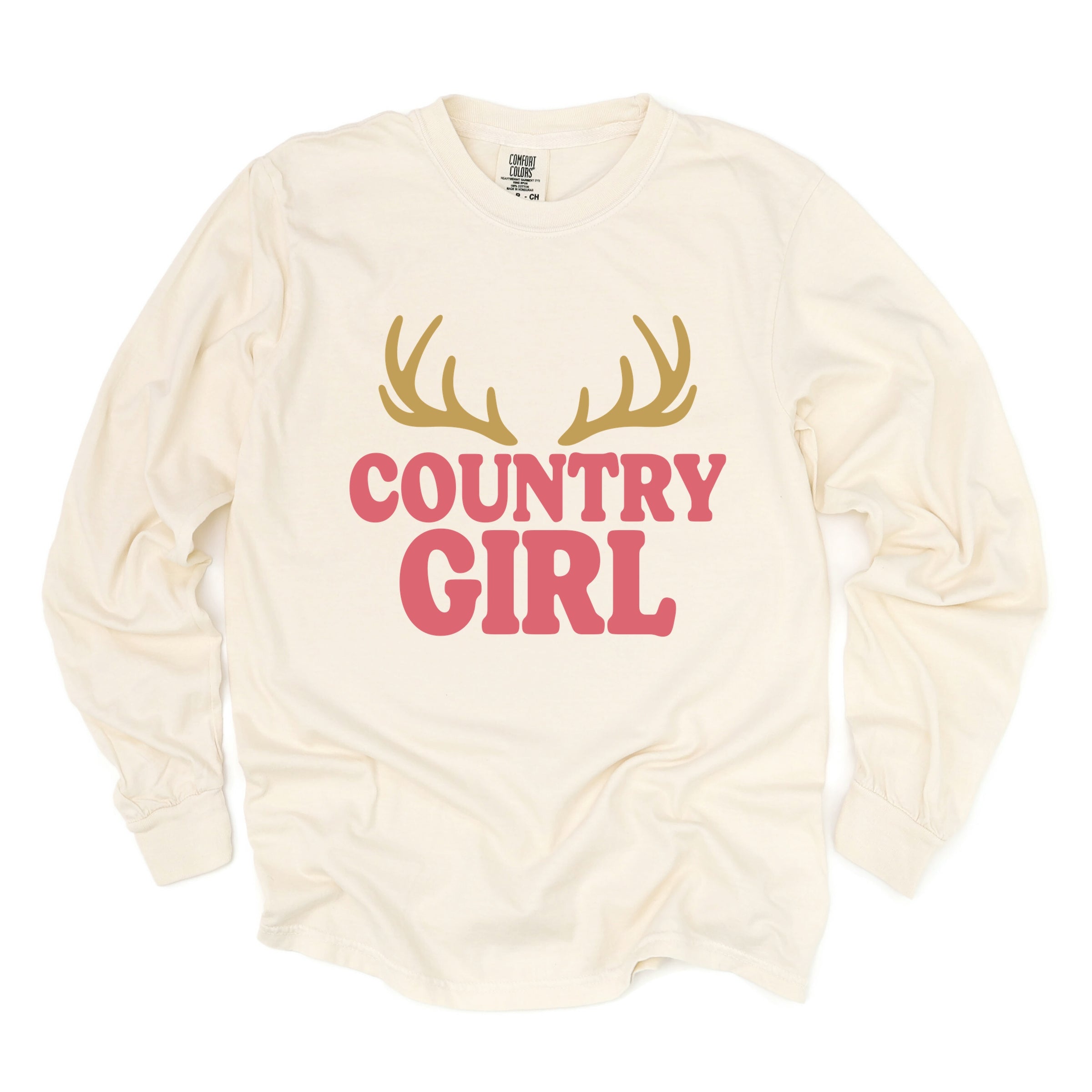 Country Girl Antlers Puff Print - Womens Garment Dyed Long Sleeve Graphic T-Shirt