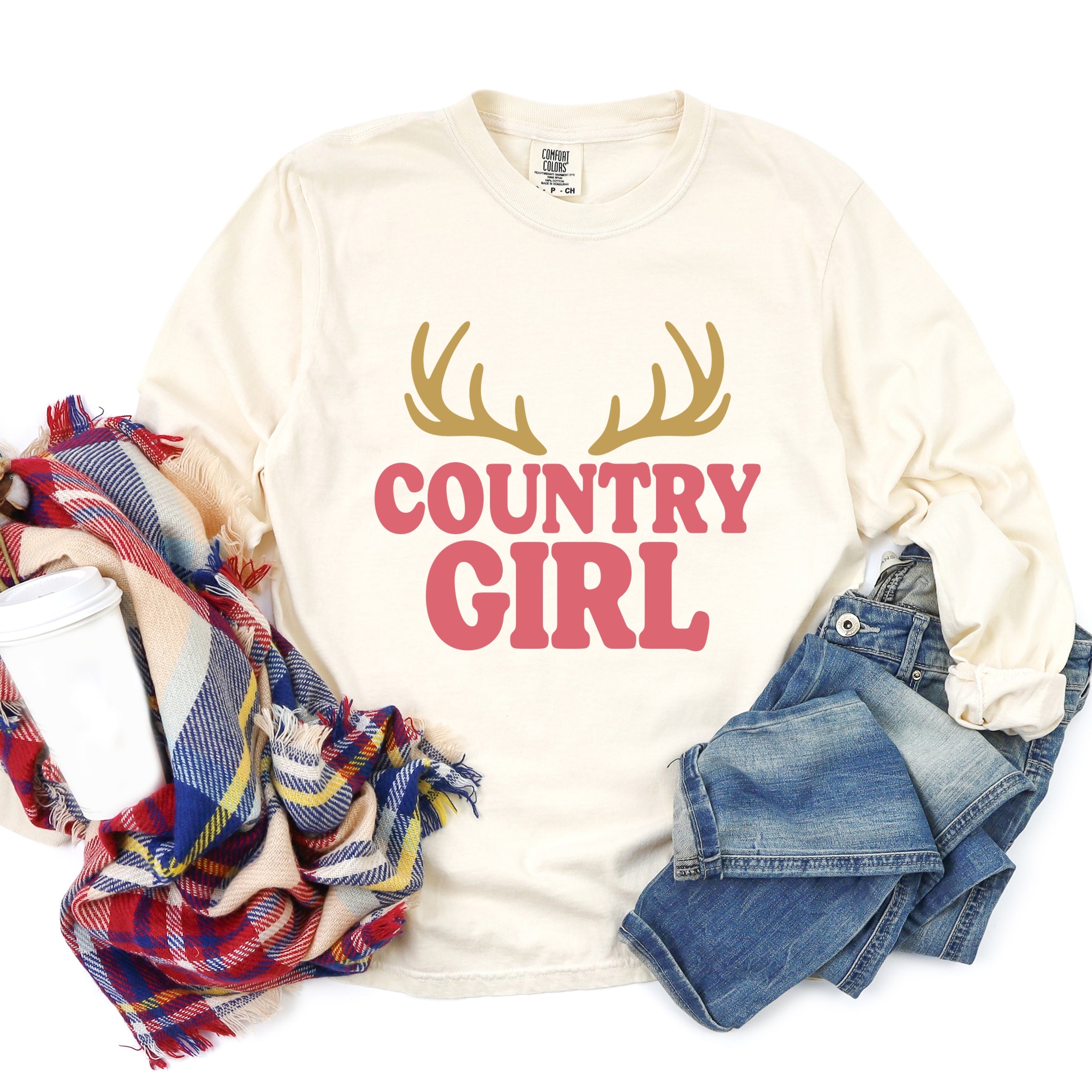 Country Girl Antlers Puff Print - Womens Garment Dyed Long Sleeve Graphic T-Shirt