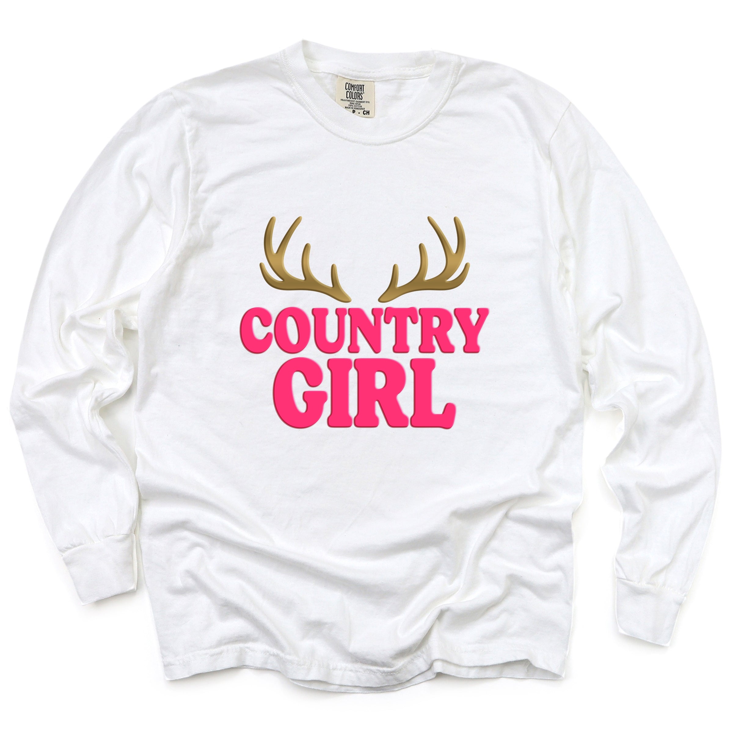 Country Girl Antlers Puff Print - Womens Garment Dyed Long Sleeve Graphic T-Shirt