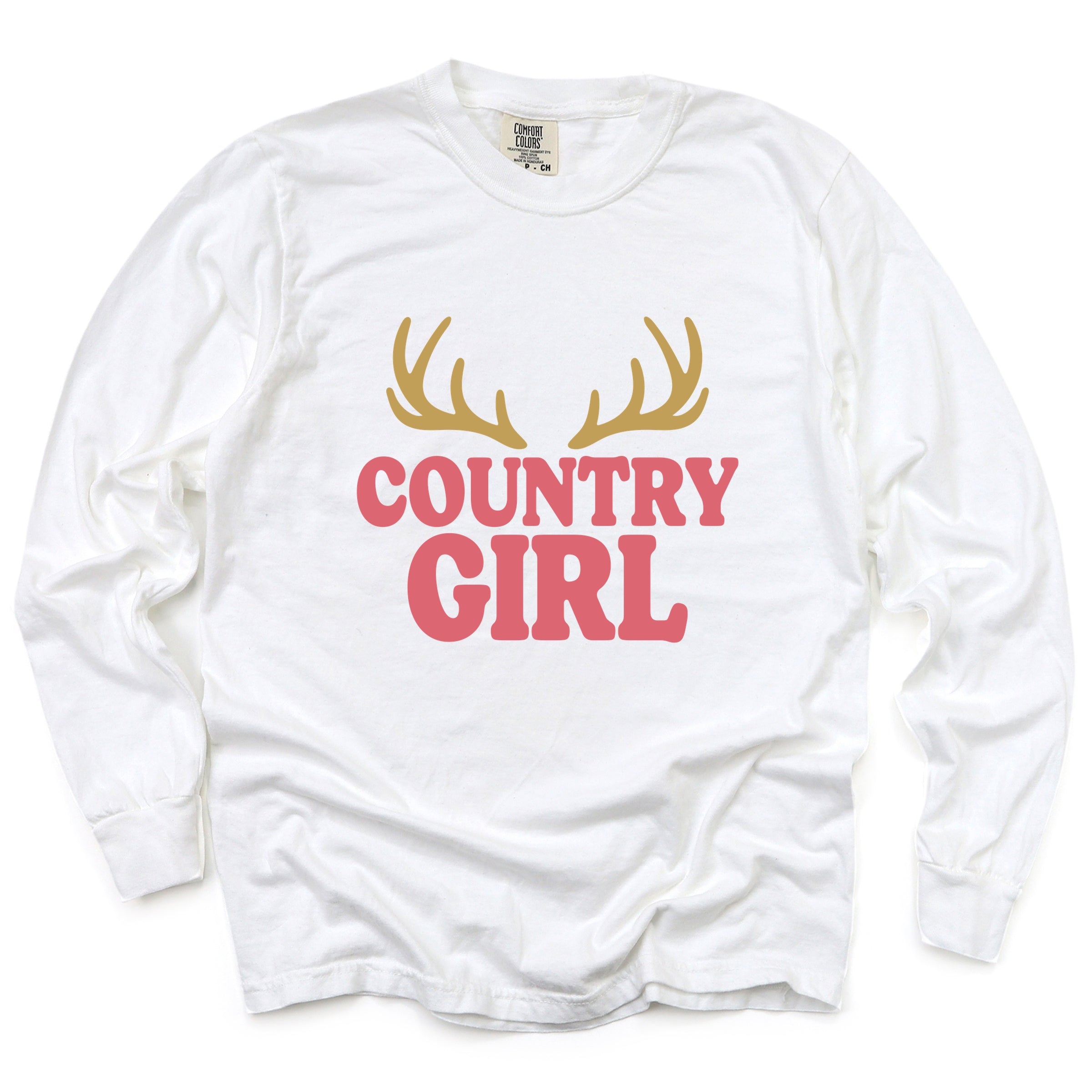 Country Girl Antlers Puff Print - Womens Garment Dyed Long Sleeve Graphic T-Shirt
