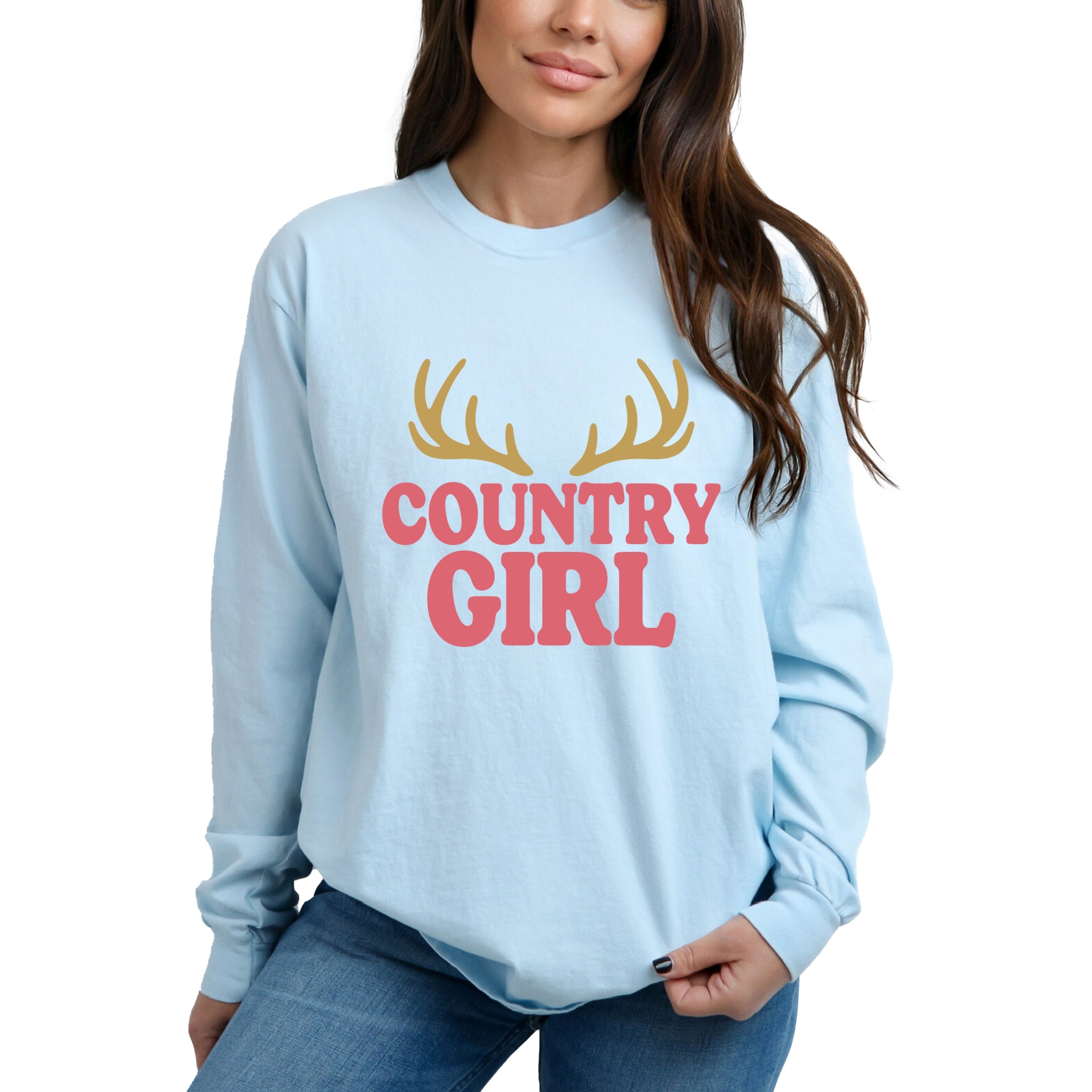Country Girl Antlers Puff Print - Womens Garment Dyed Long Sleeve Graphic T-Shirt