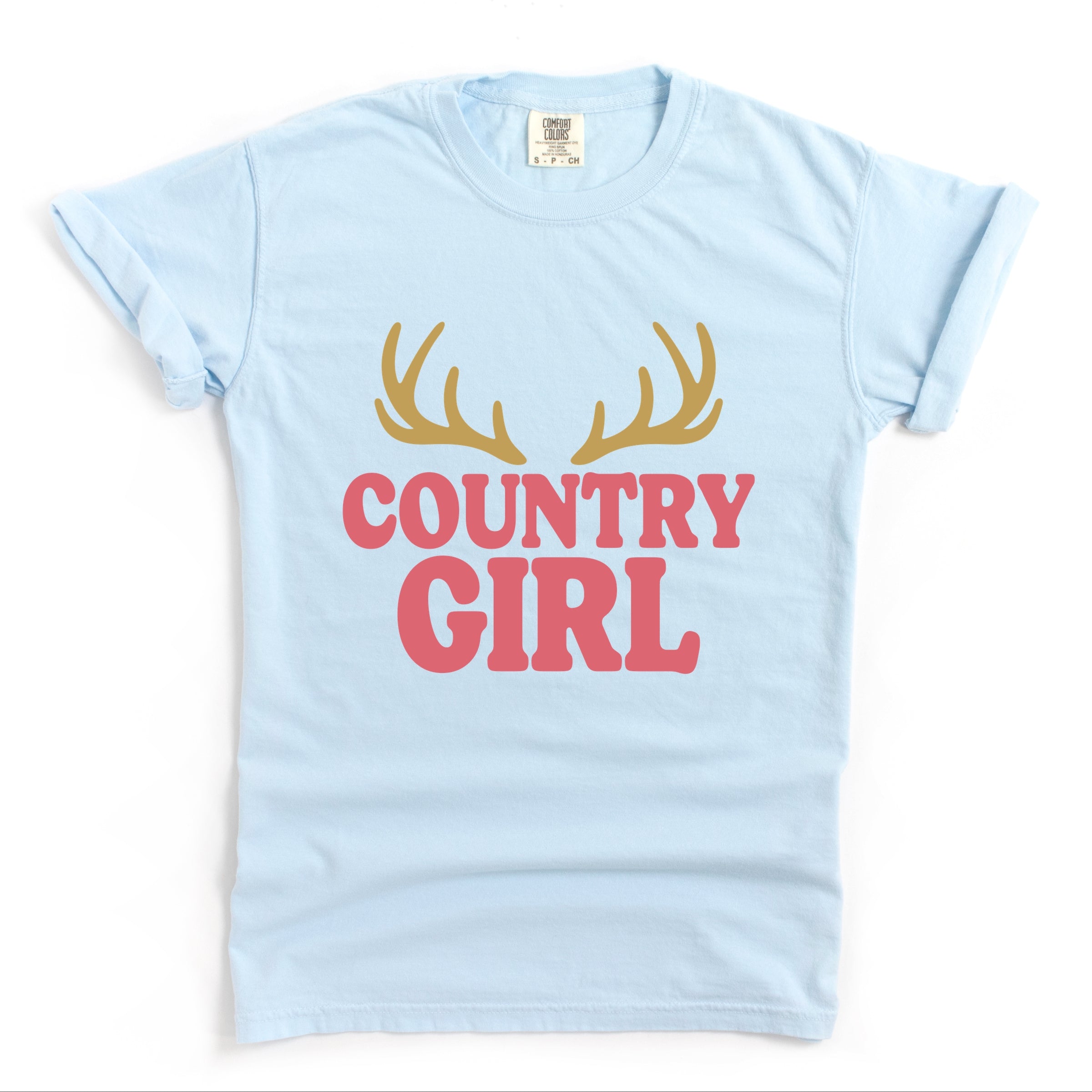 Country Girl Antlers Puff Print - Womens Garment Dyed Graphic T-Shirt