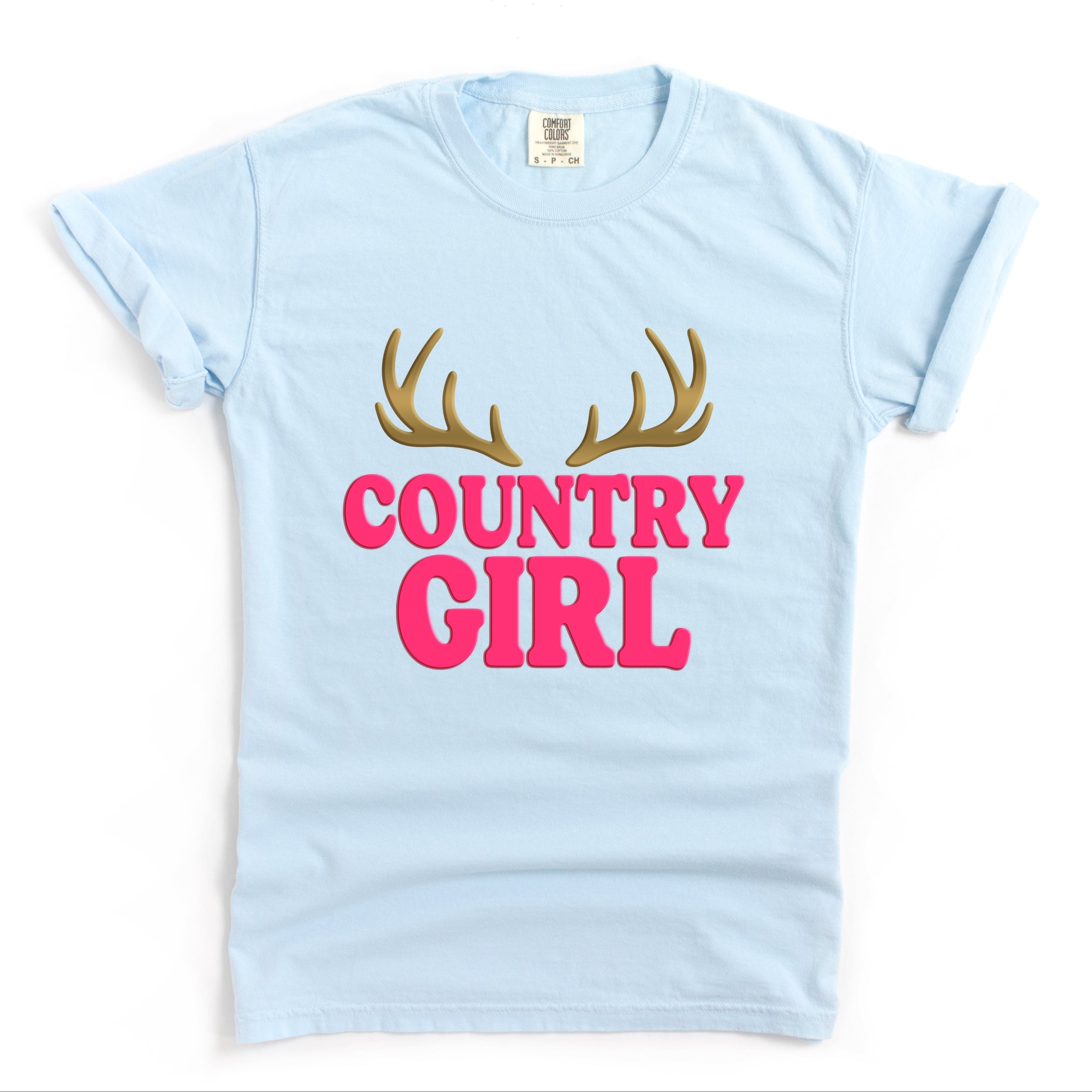 Country Girl Antlers Puff Print - Womens Garment Dyed Graphic T-Shirt