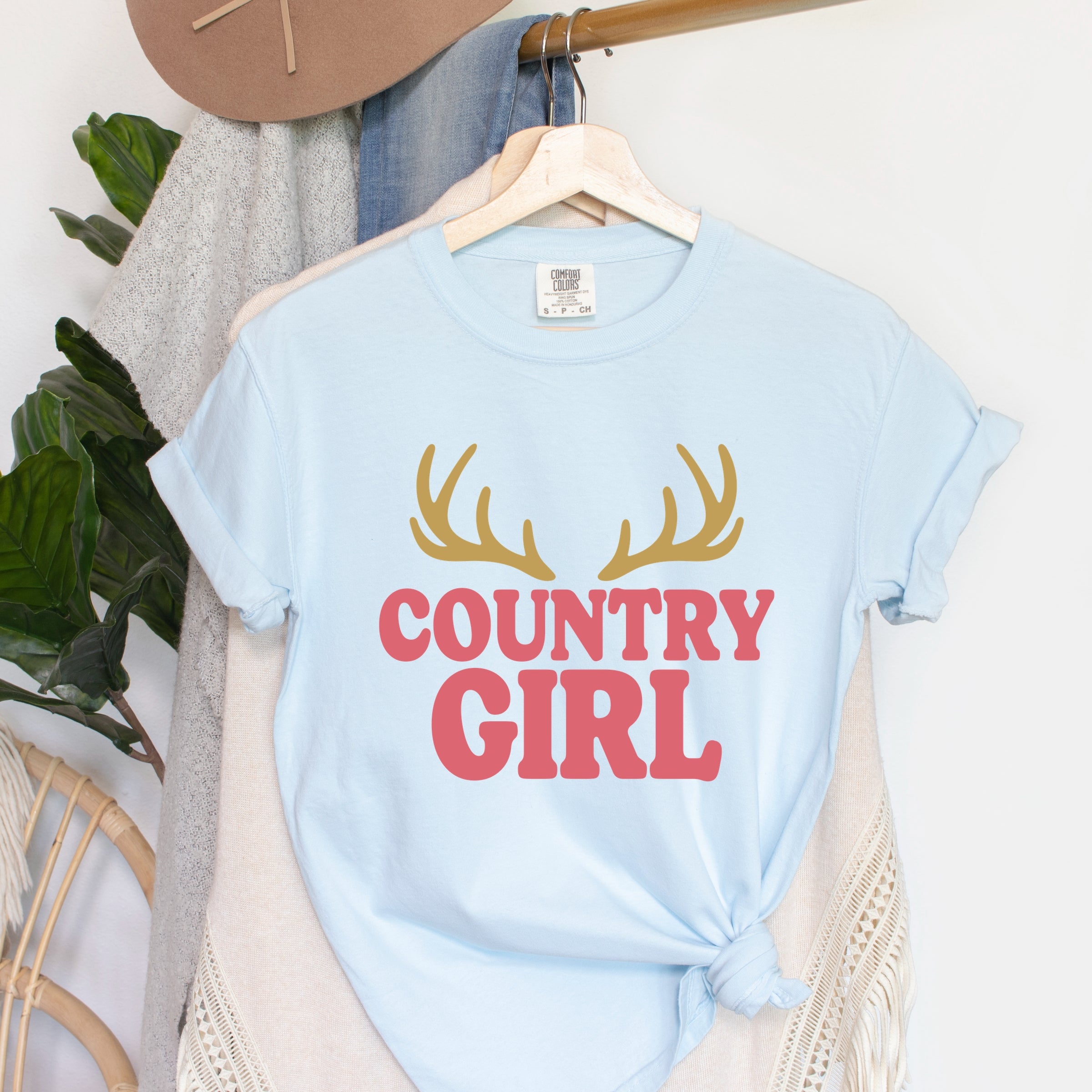 Country Girl Antlers Puff Print - Womens Garment Dyed Graphic T-Shirt