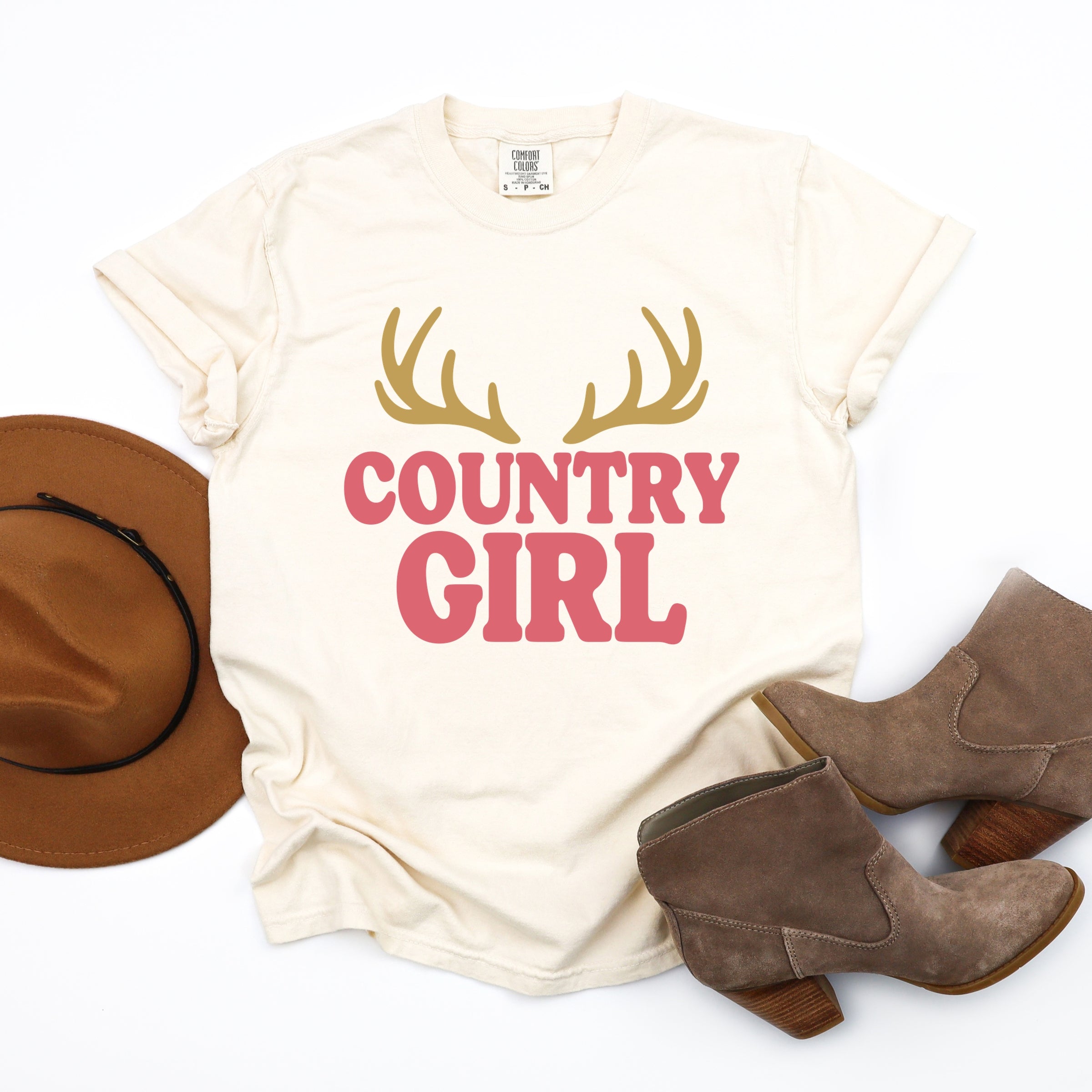 Country Girl Antlers Puff Print - Womens Garment Dyed Graphic T-Shirt