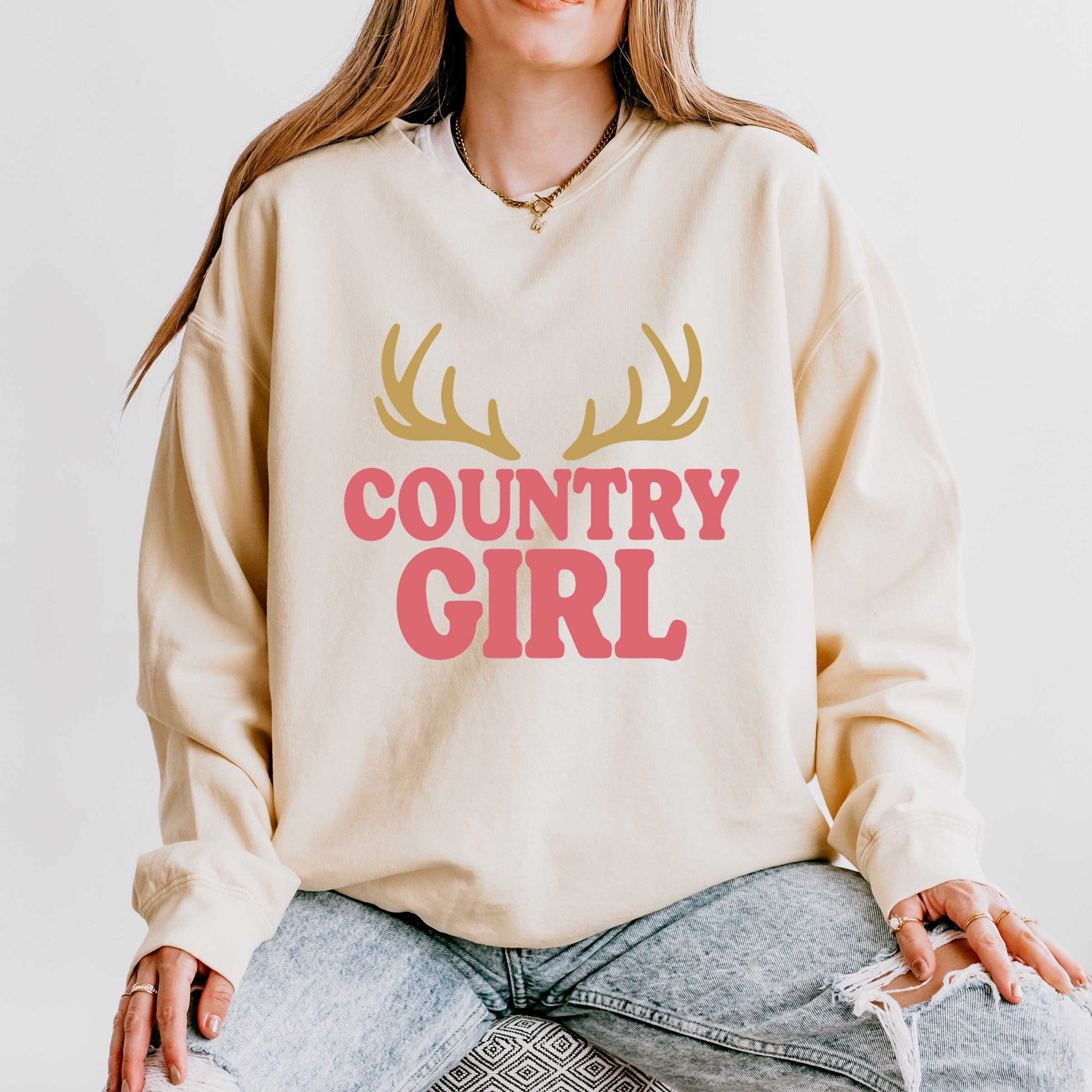 Country Girl Antlers Puff Print - Womens Lightweight Garment Dyed Sweatshirt