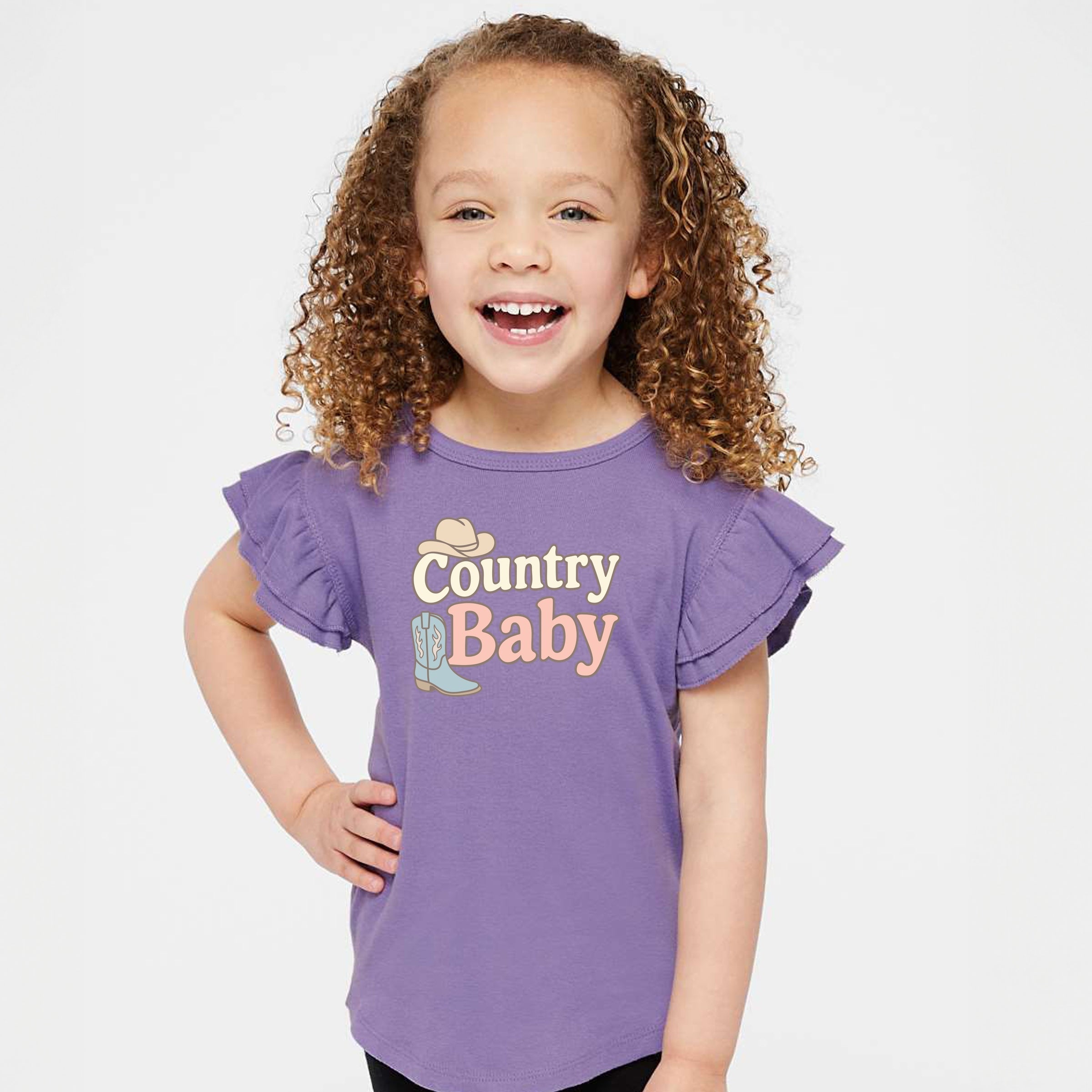 Country Baby Outline Pastel - Flutter Sleeve Graphic T-Shirt