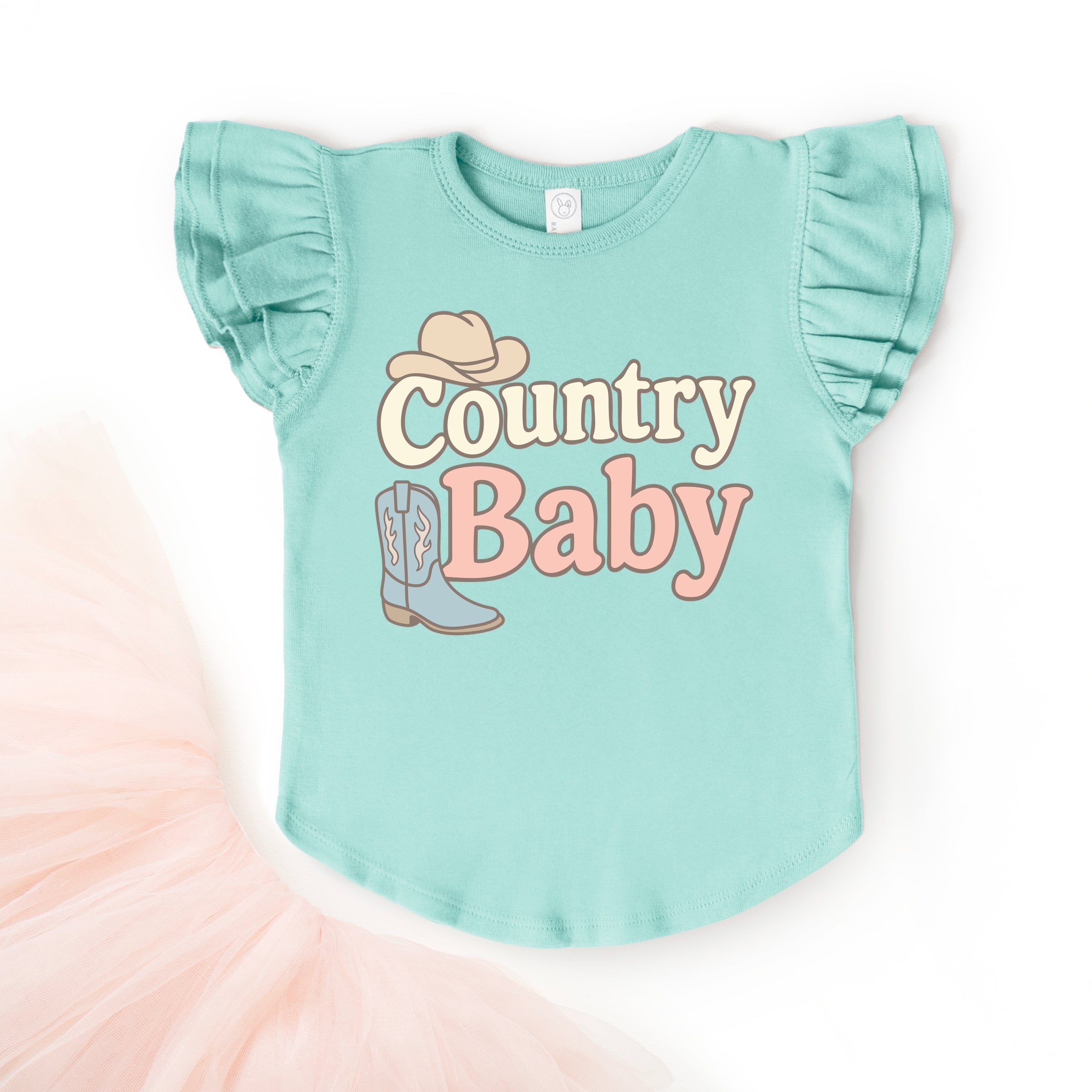 Country Baby Outline Pastel - Flutter Sleeve Graphic T-Shirt