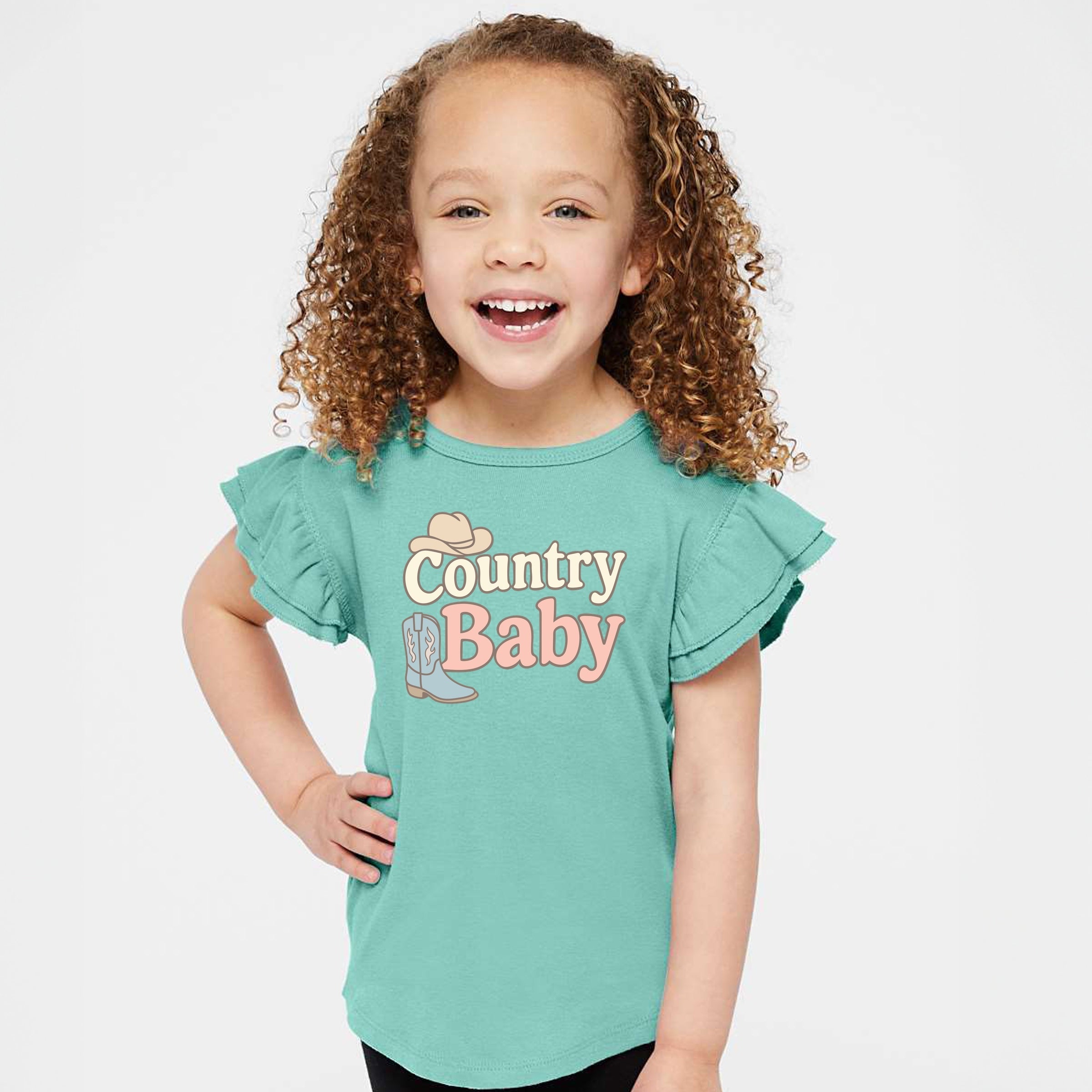 Country Baby Outline Pastel - Flutter Sleeve Graphic T-Shirt