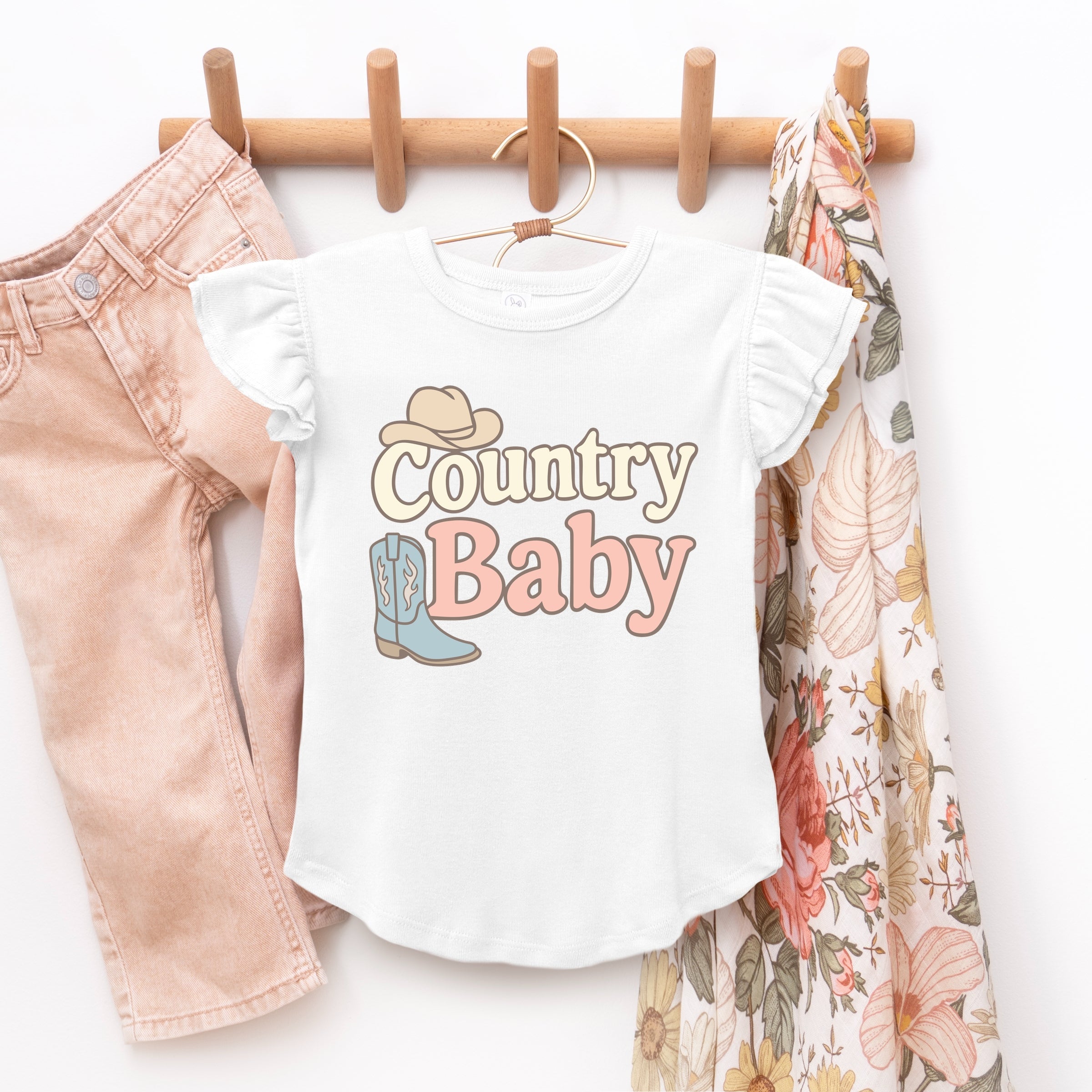 Country Baby Outline Pastel - Flutter Sleeve Graphic T-Shirt