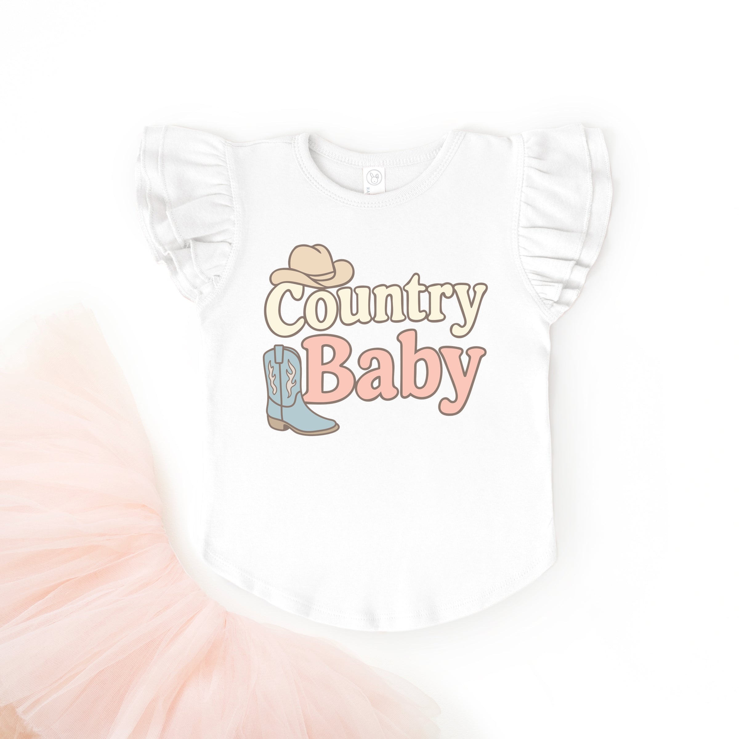 Country Baby Outline Pastel - Flutter Sleeve Graphic T-Shirt