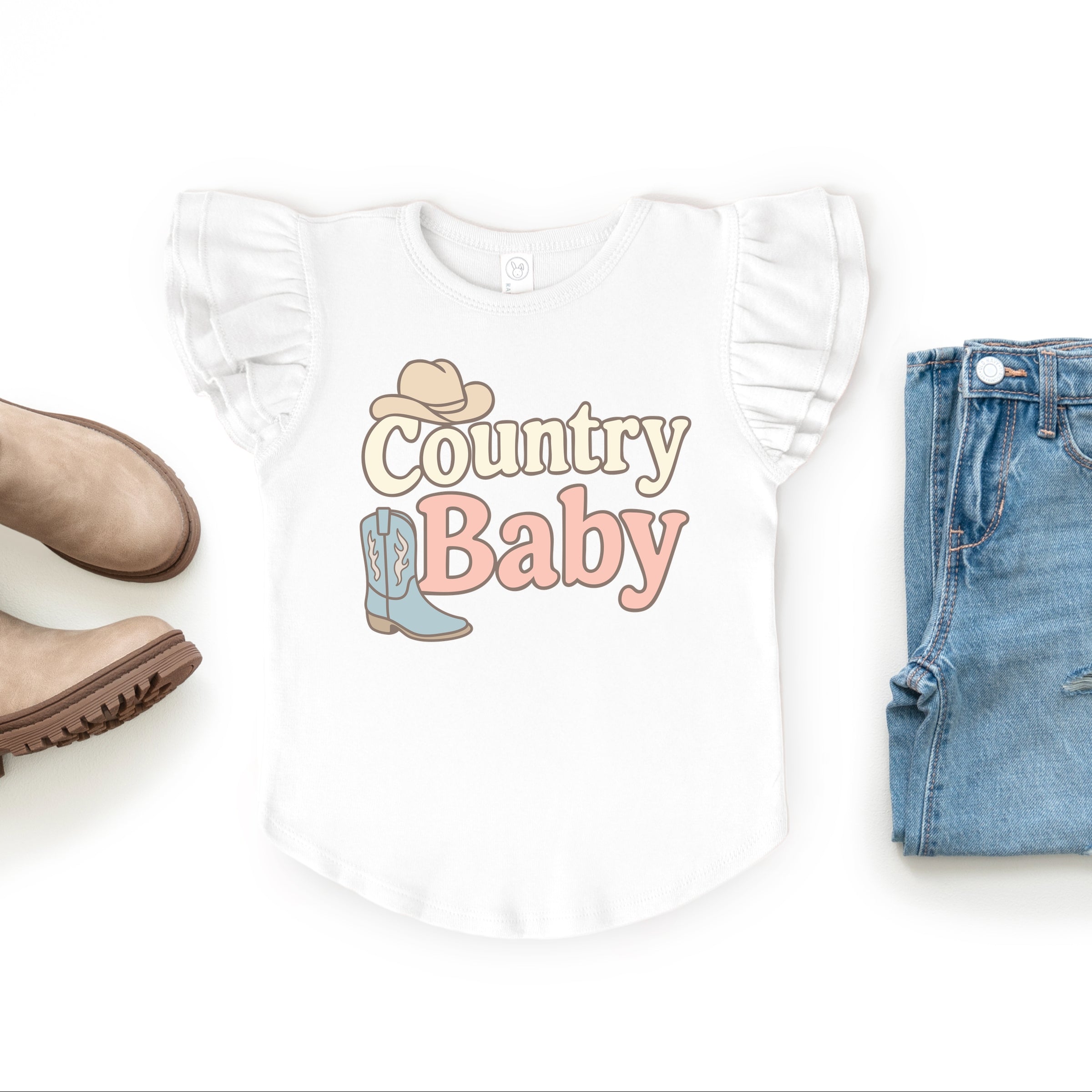 Country Baby Outline Pastel - Flutter Sleeve Graphic T-Shirt