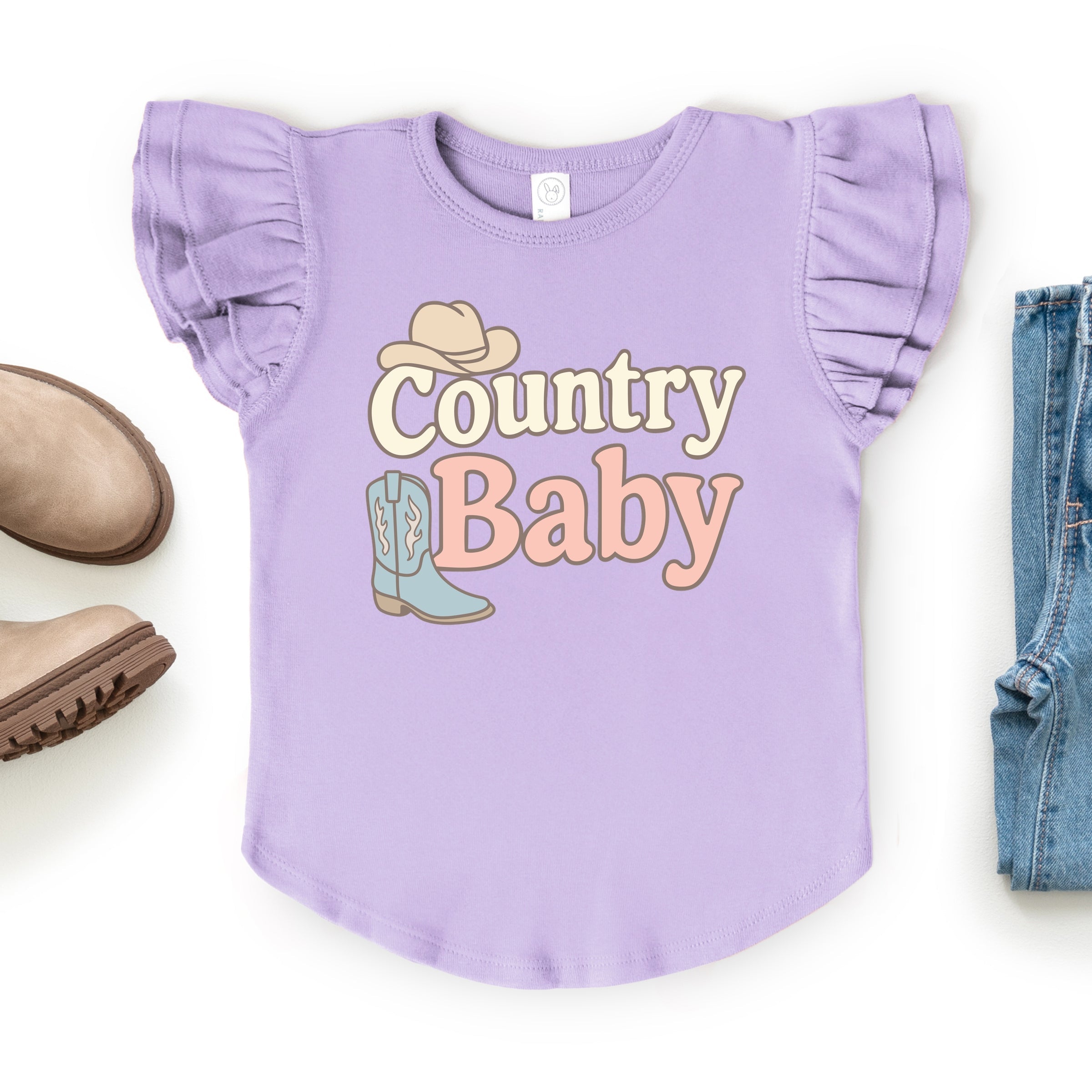Country Baby Outline Pastel - Flutter Sleeve Graphic T-Shirt