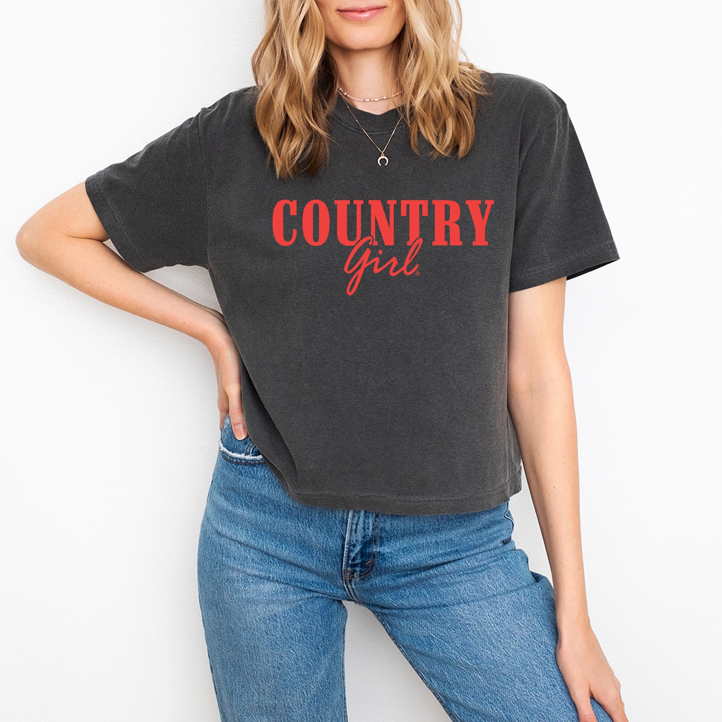 Country Girl Puff Print - Womens Boxy Crop Top Graphic T-Shirt