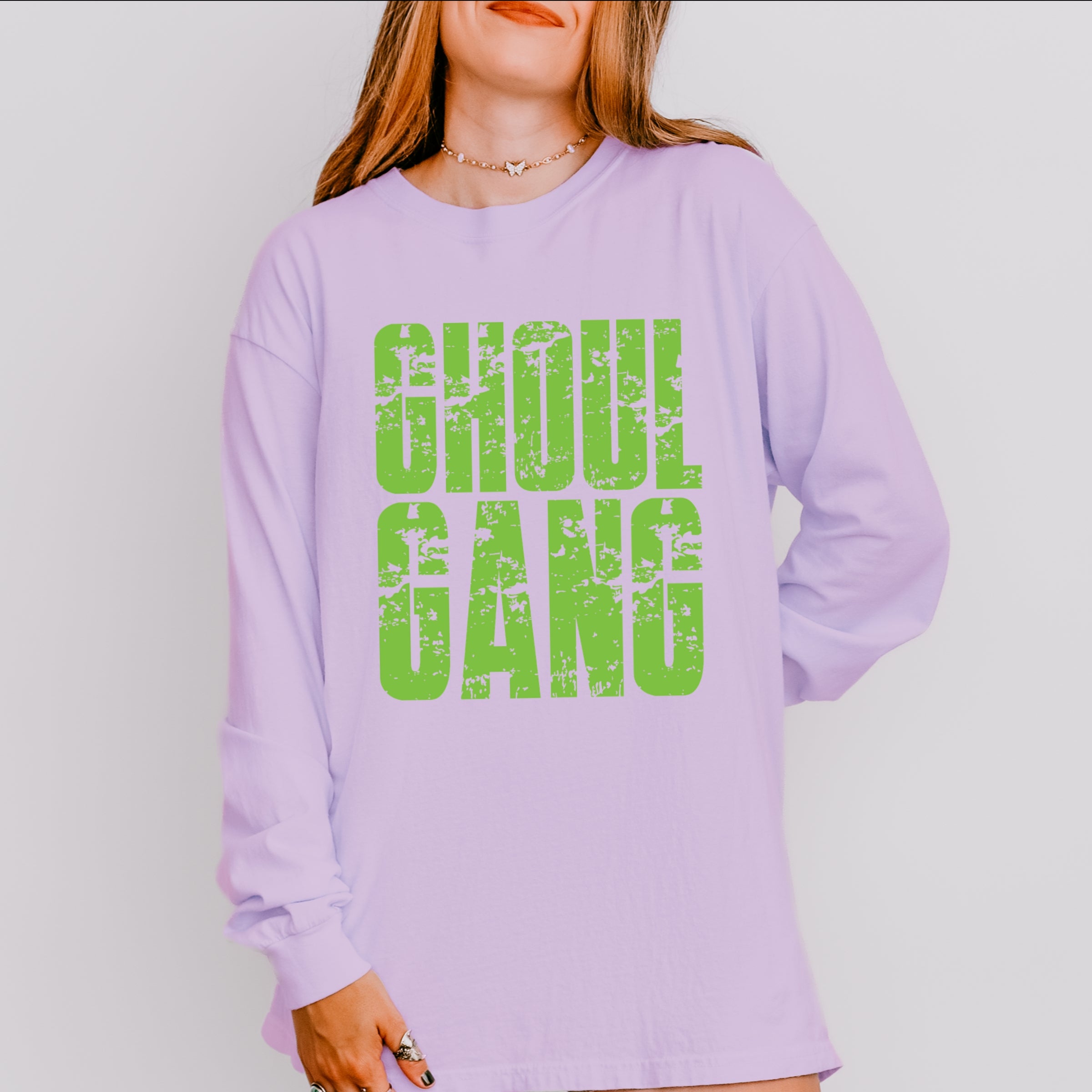 Ghoul Gang Block Distressed - Women's Garment Dyed Long Sleeve Graphic T-Shirt