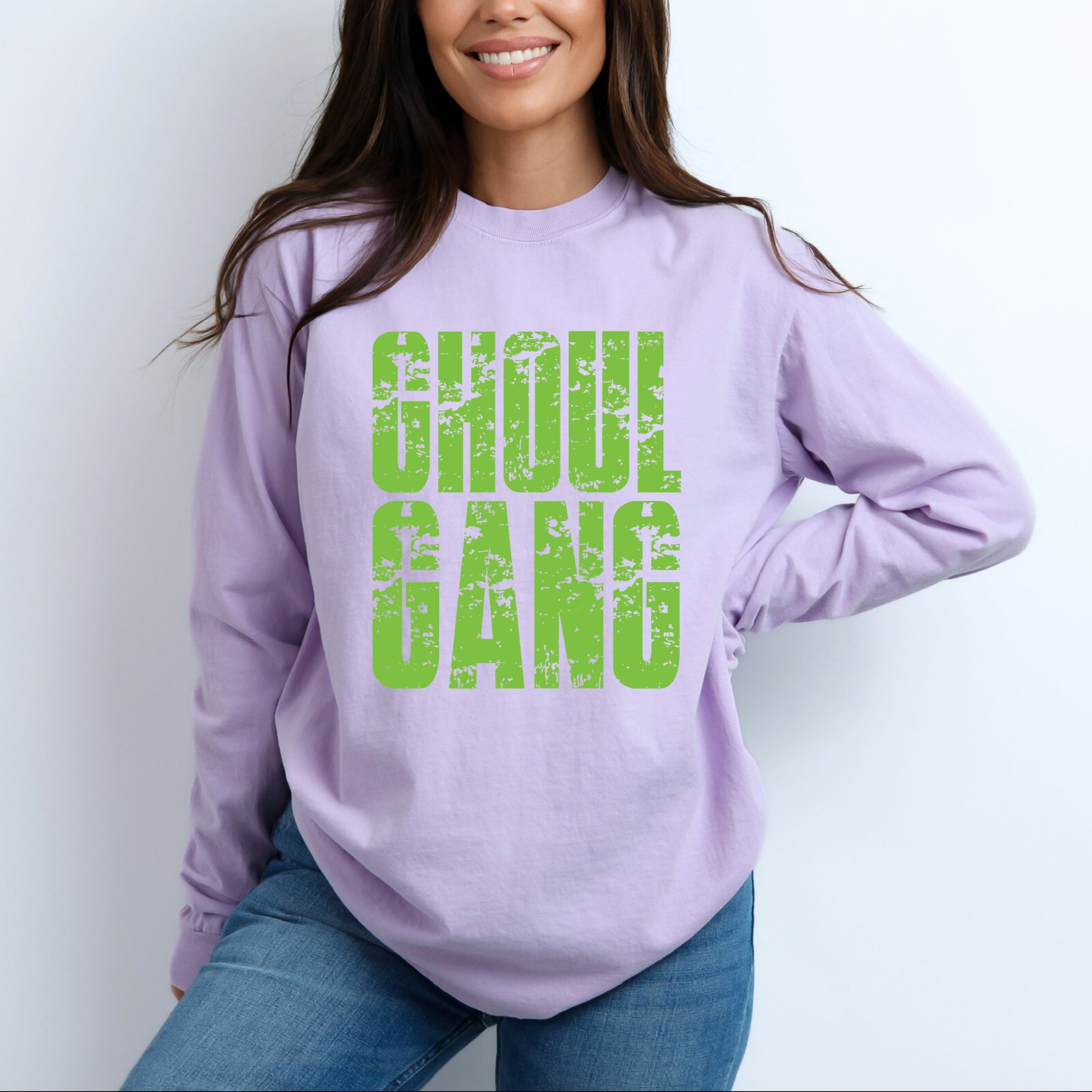 Ghoul Gang Block Distressed - Women's Garment Dyed Long Sleeve Graphic T-Shirt