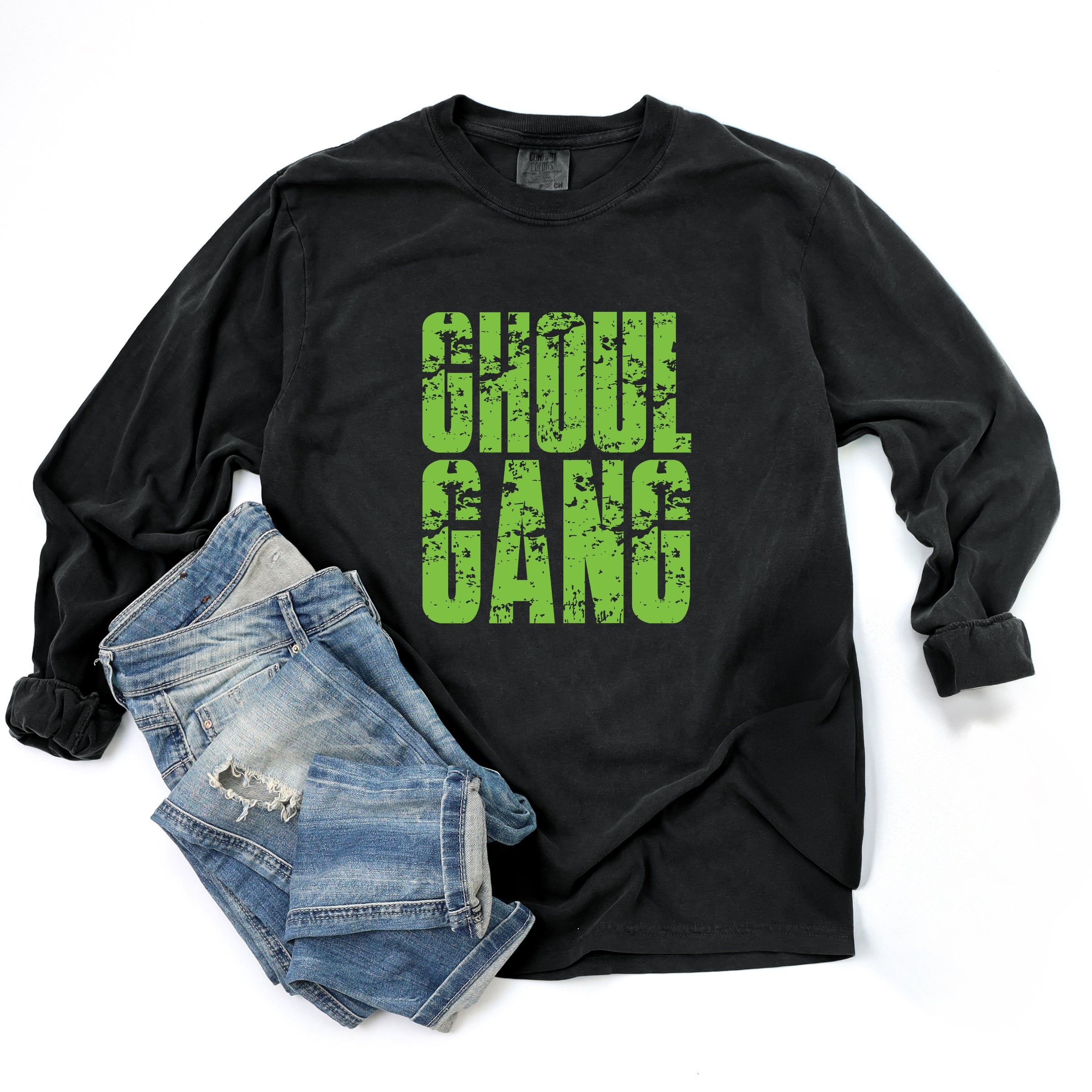 Ghoul Gang Block Distressed - Women's Garment Dyed Long Sleeve Graphic T-Shirt