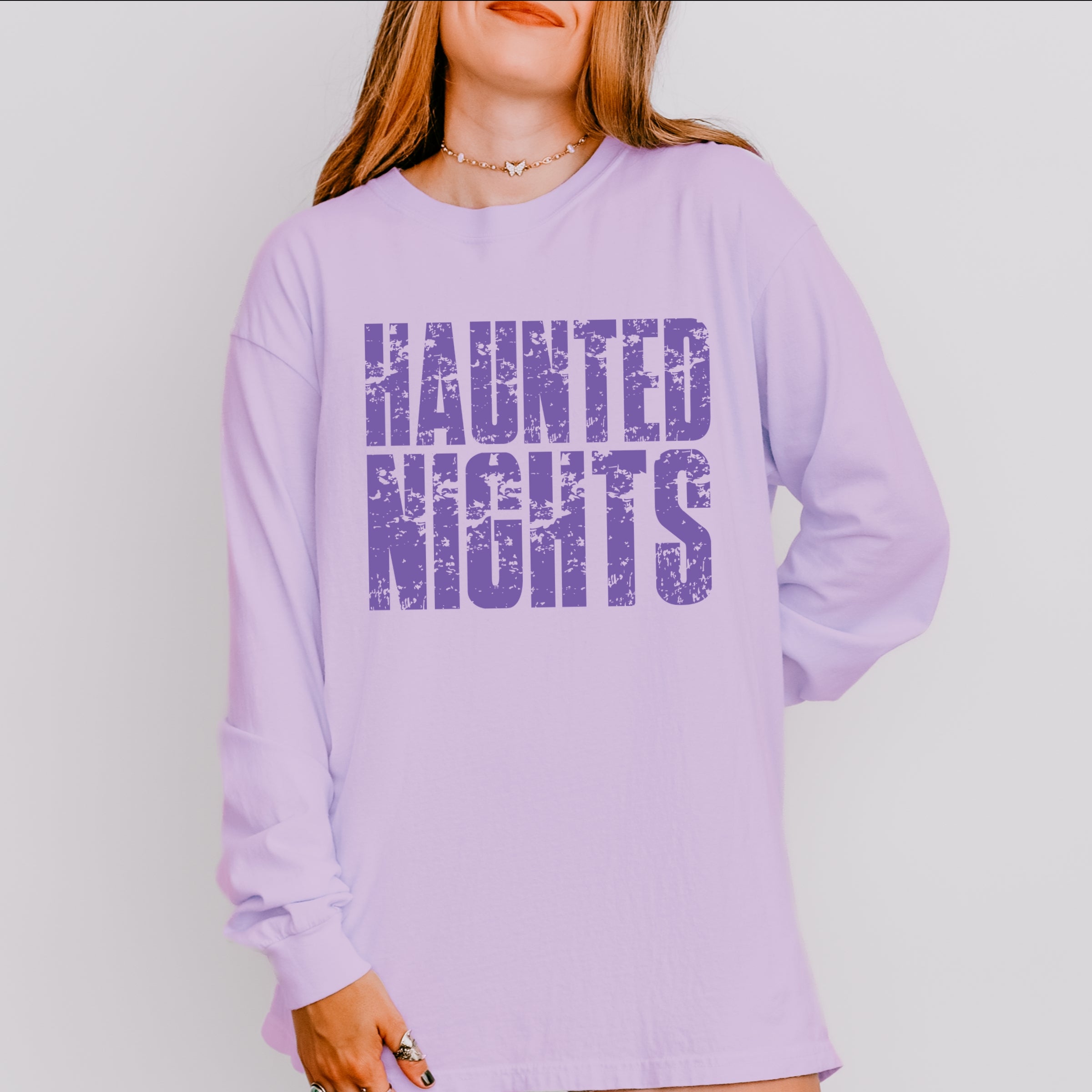 Haunted Nights Block Distressed - Women's Garment Dyed Long Sleeve Graphic T-Shirt