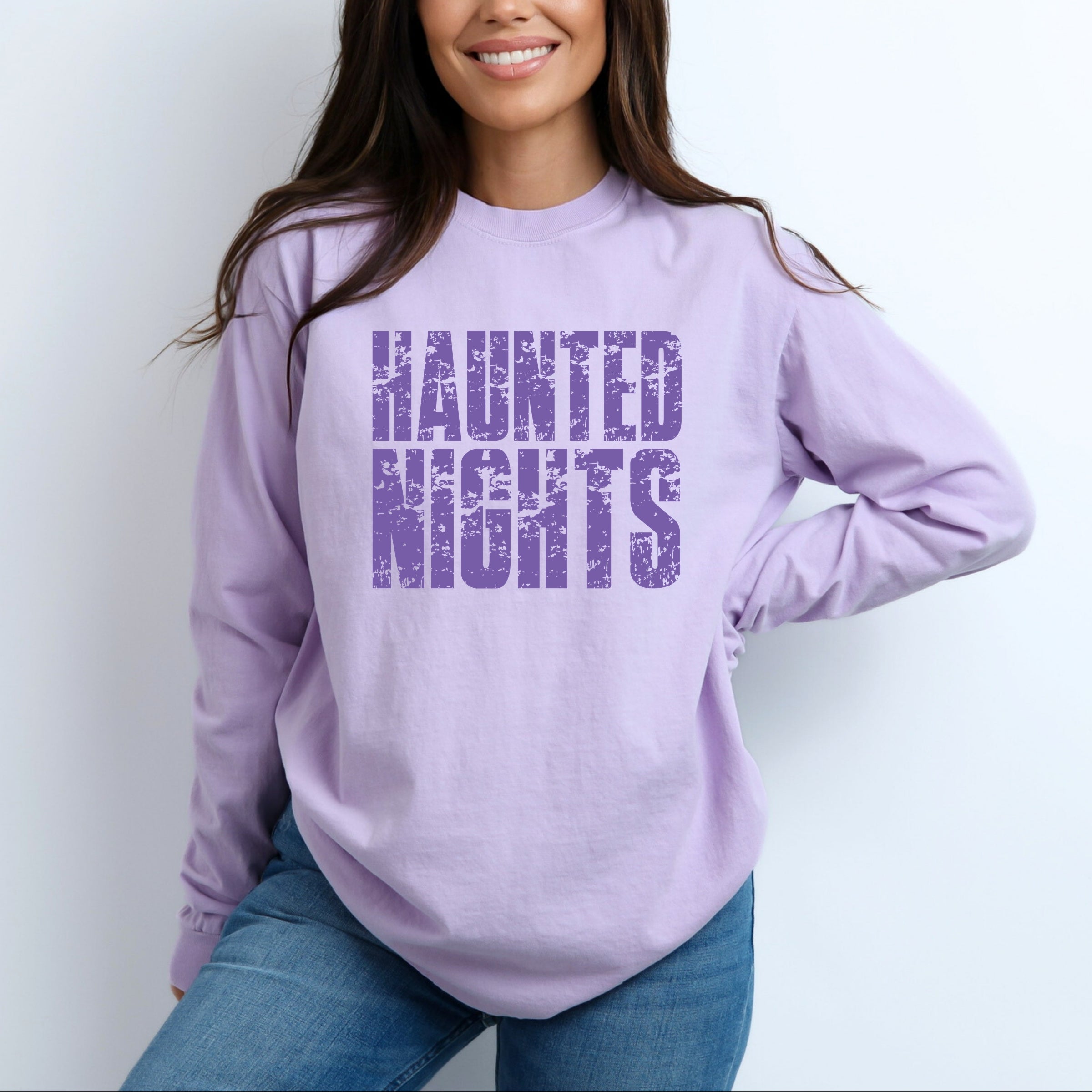 Haunted Nights Block Distressed - Women's Garment Dyed Long Sleeve Graphic T-Shirt