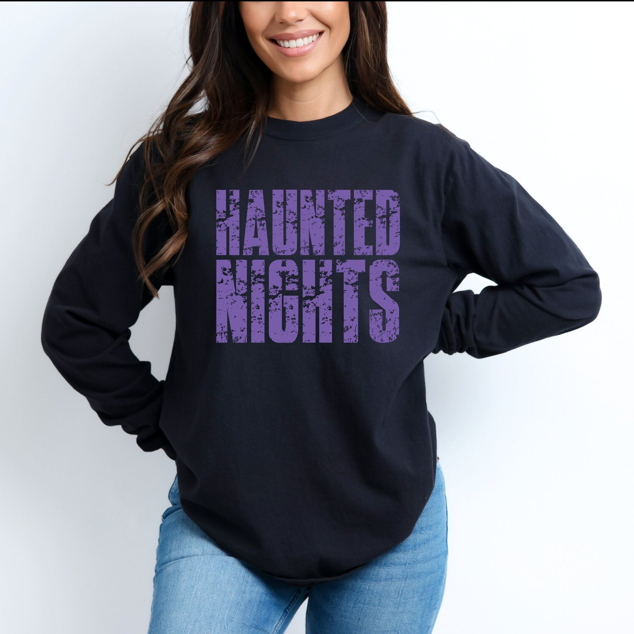 Haunted Nights Block Distressed - Women's Garment Dyed Long Sleeve Graphic T-Shirt