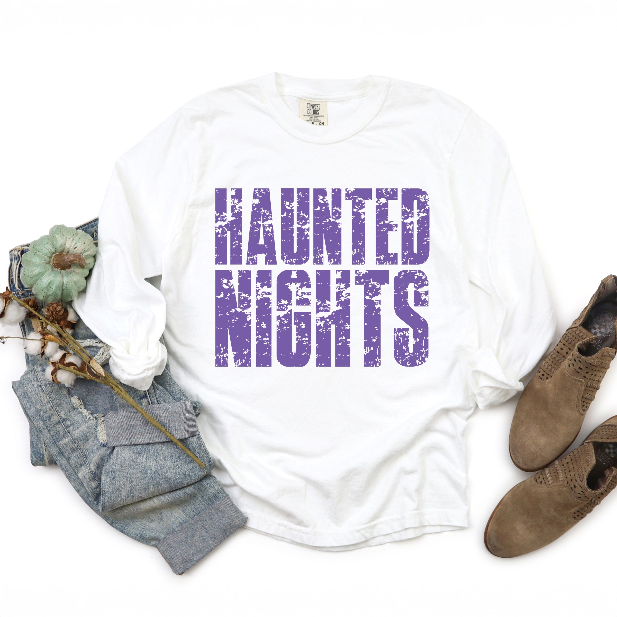 Haunted Nights Block Distressed - Women's Garment Dyed Long Sleeve Graphic T-Shirt