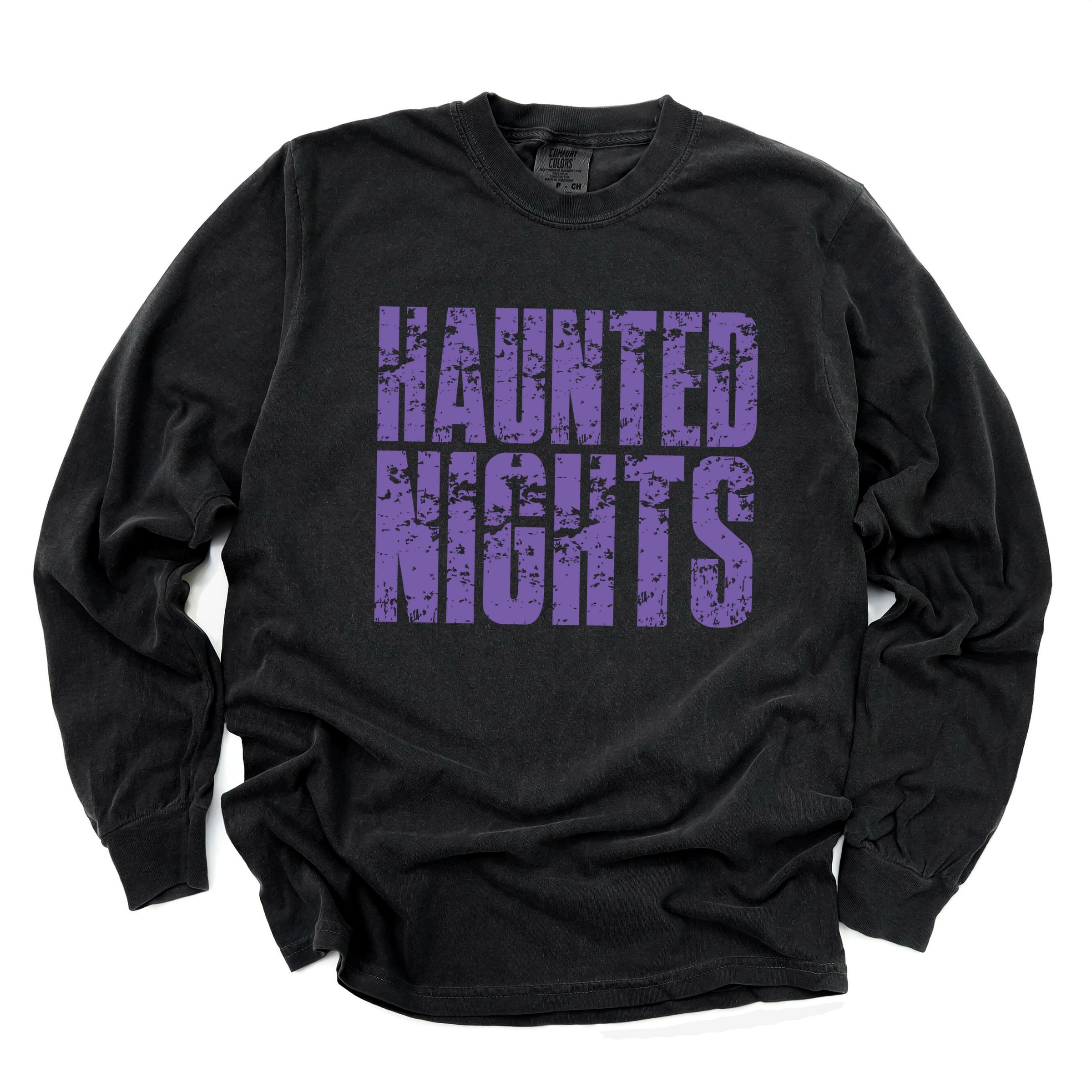 Haunted Nights Block Distressed - Women's Garment Dyed Long Sleeve Graphic T-Shirt