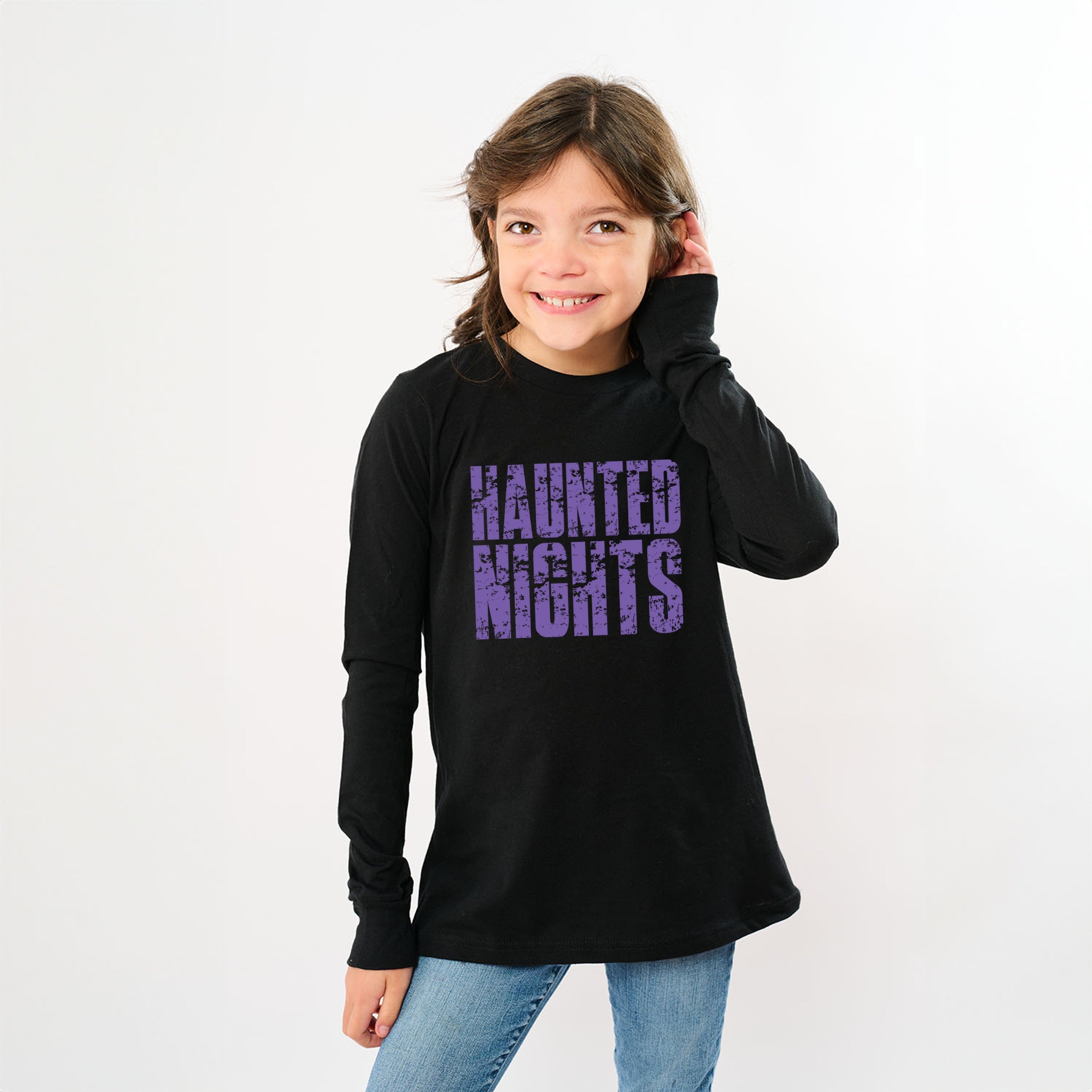 Haunted Nights Block Distressed - Youth Long Sleeve Graphic T-Shirt