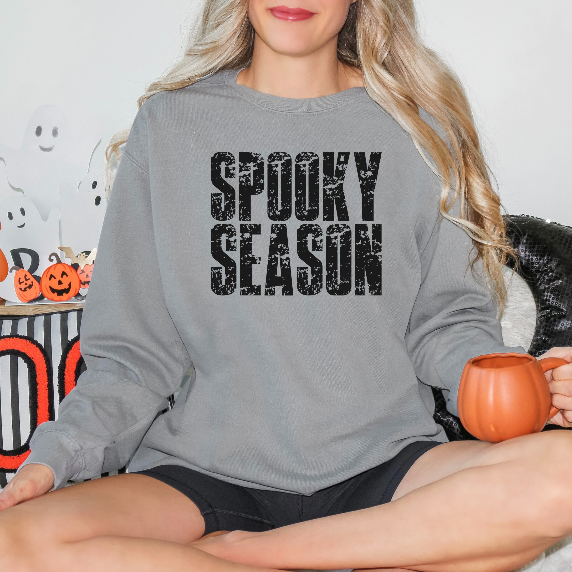 Spooky Season Block Distressed - Women's Garment Dyed Graphic Sweatshirt