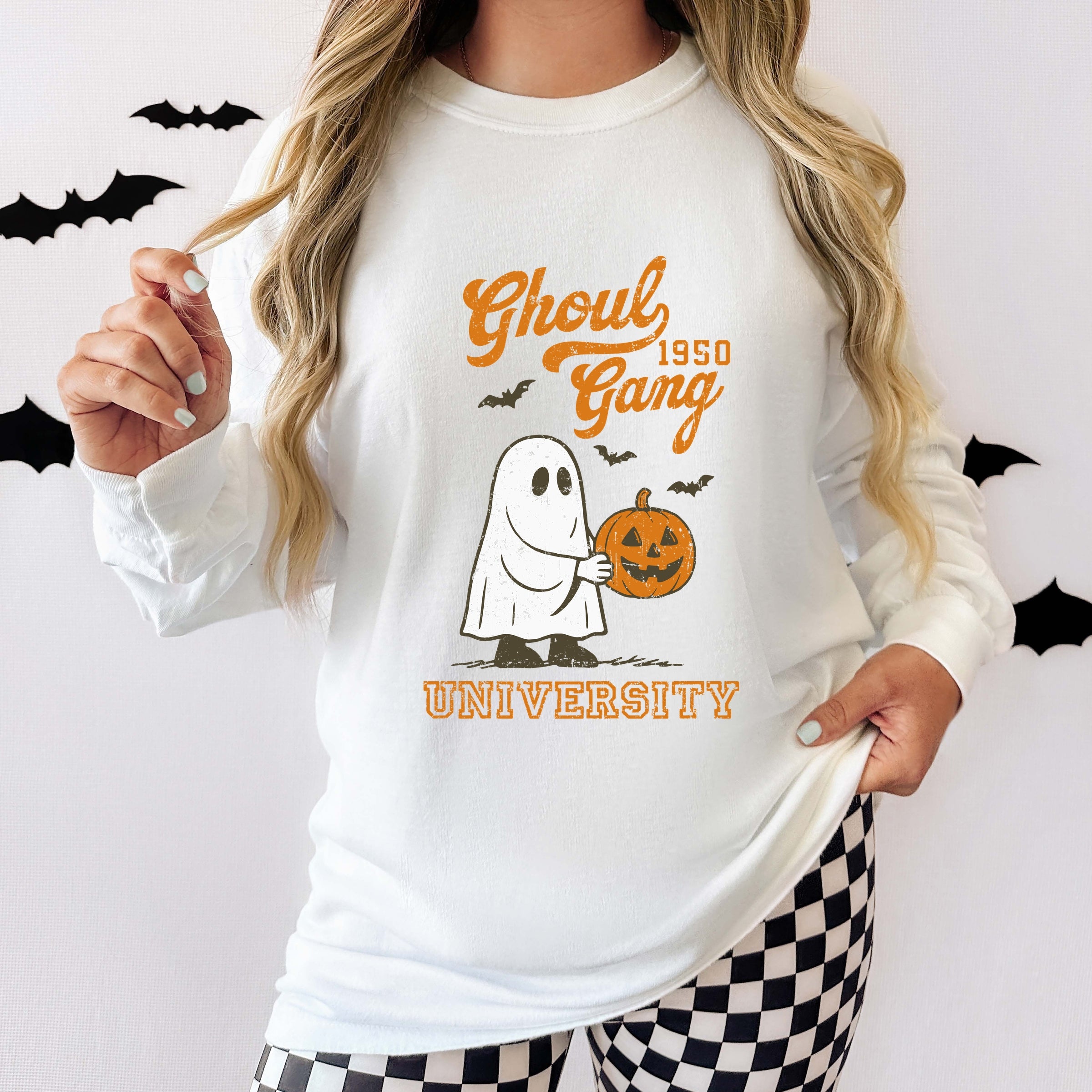 Ghoul Gang University 1950 - Women's Garment Dyed Long Sleeve Graphic T-Shirt