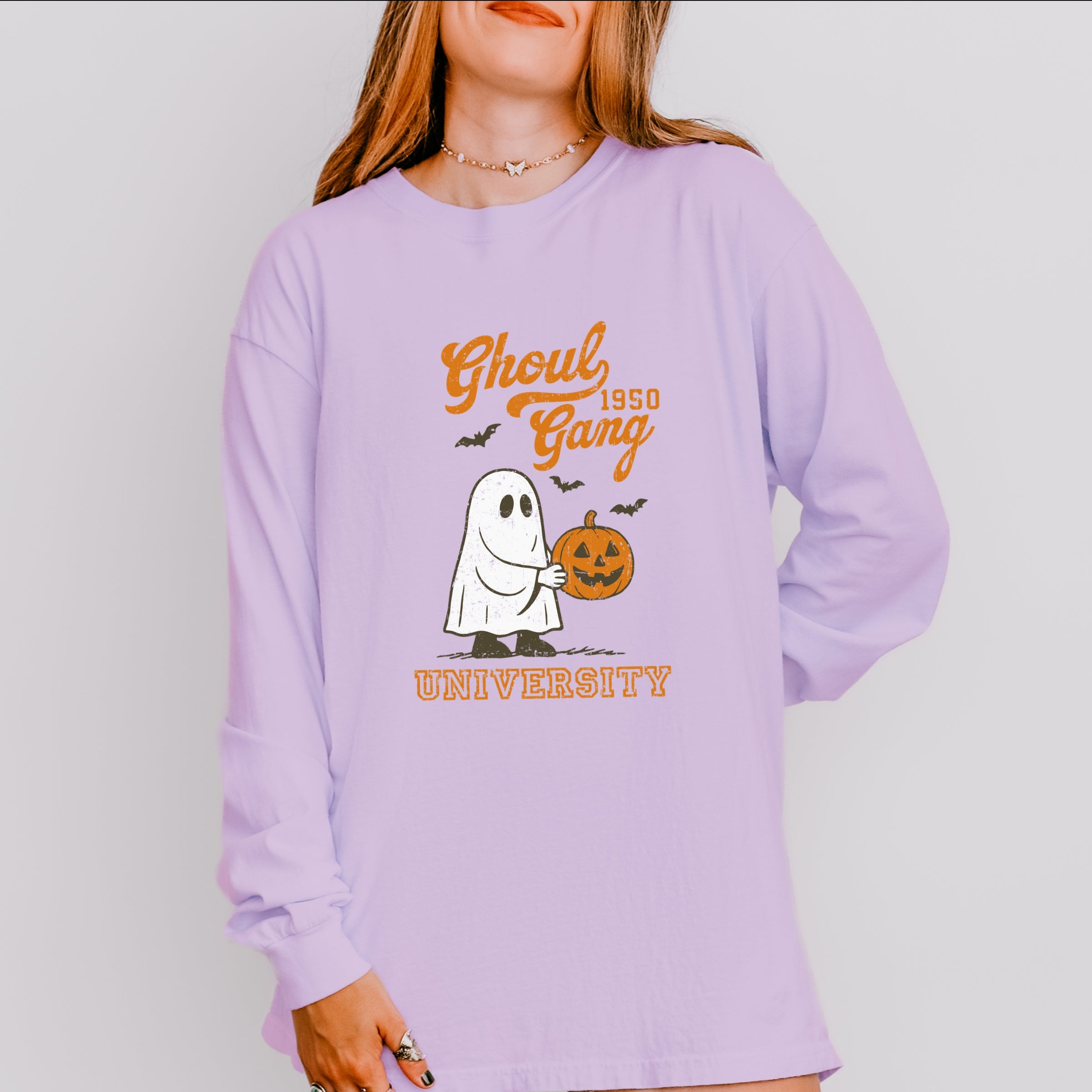 Ghoul Gang University 1950 - Women's Garment Dyed Long Sleeve Graphic T-Shirt