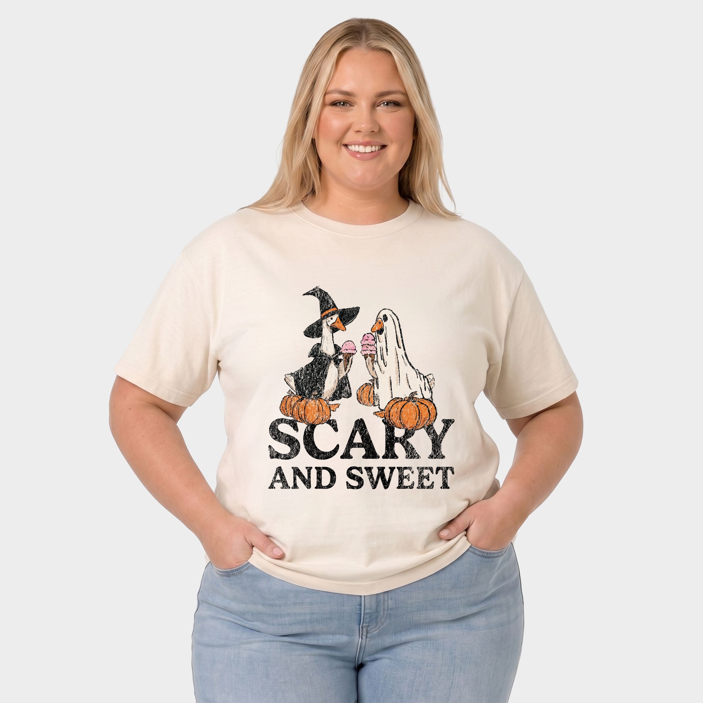 Scary and Sweet Geese - Women's Plus Sized Garment Dyed Graphic T-Shirt