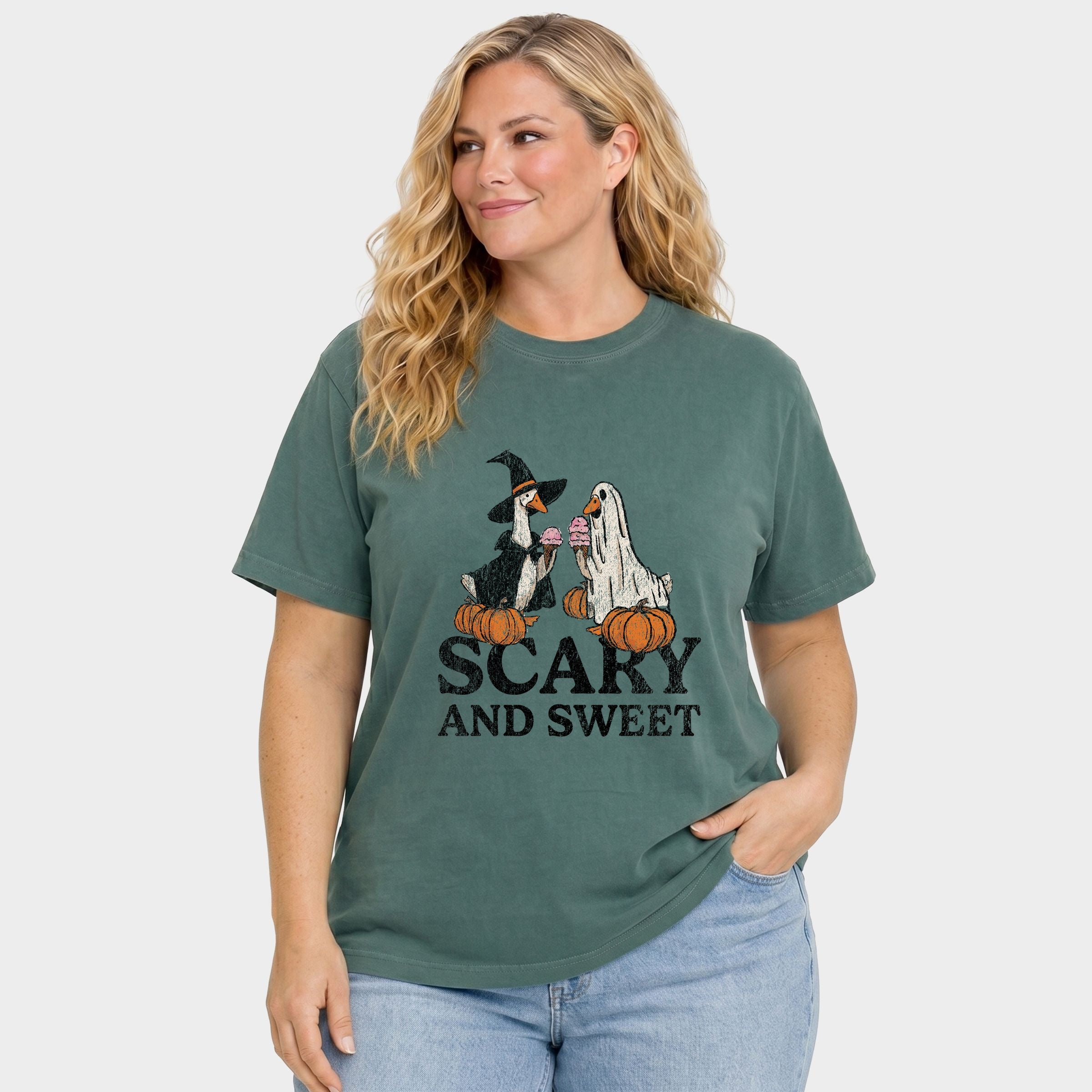 Scary and Sweet Geese - Women's Plus Sized Garment Dyed Graphic T-Shirt