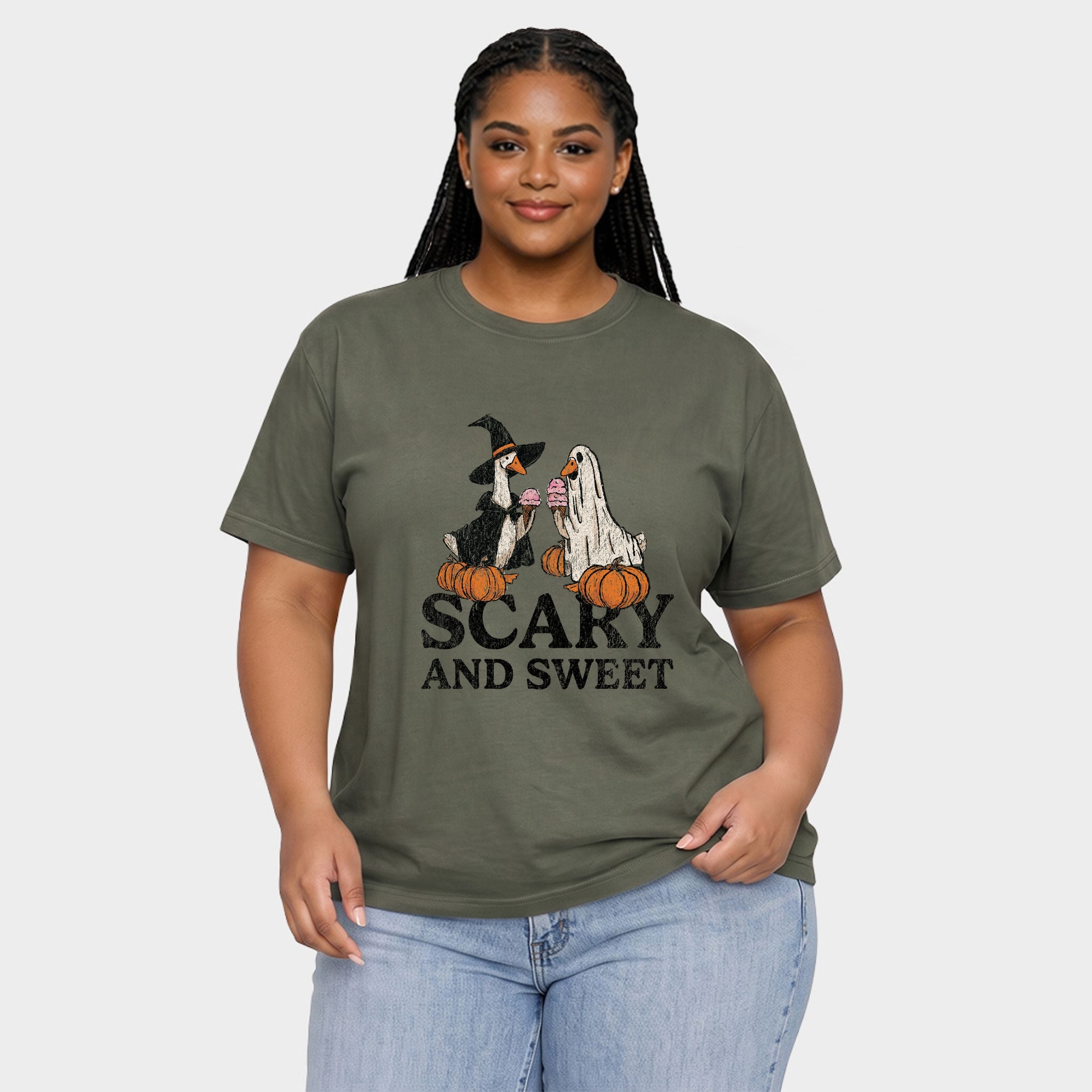 Scary and Sweet Geese - Women's Plus Sized Garment Dyed Graphic T-Shirt