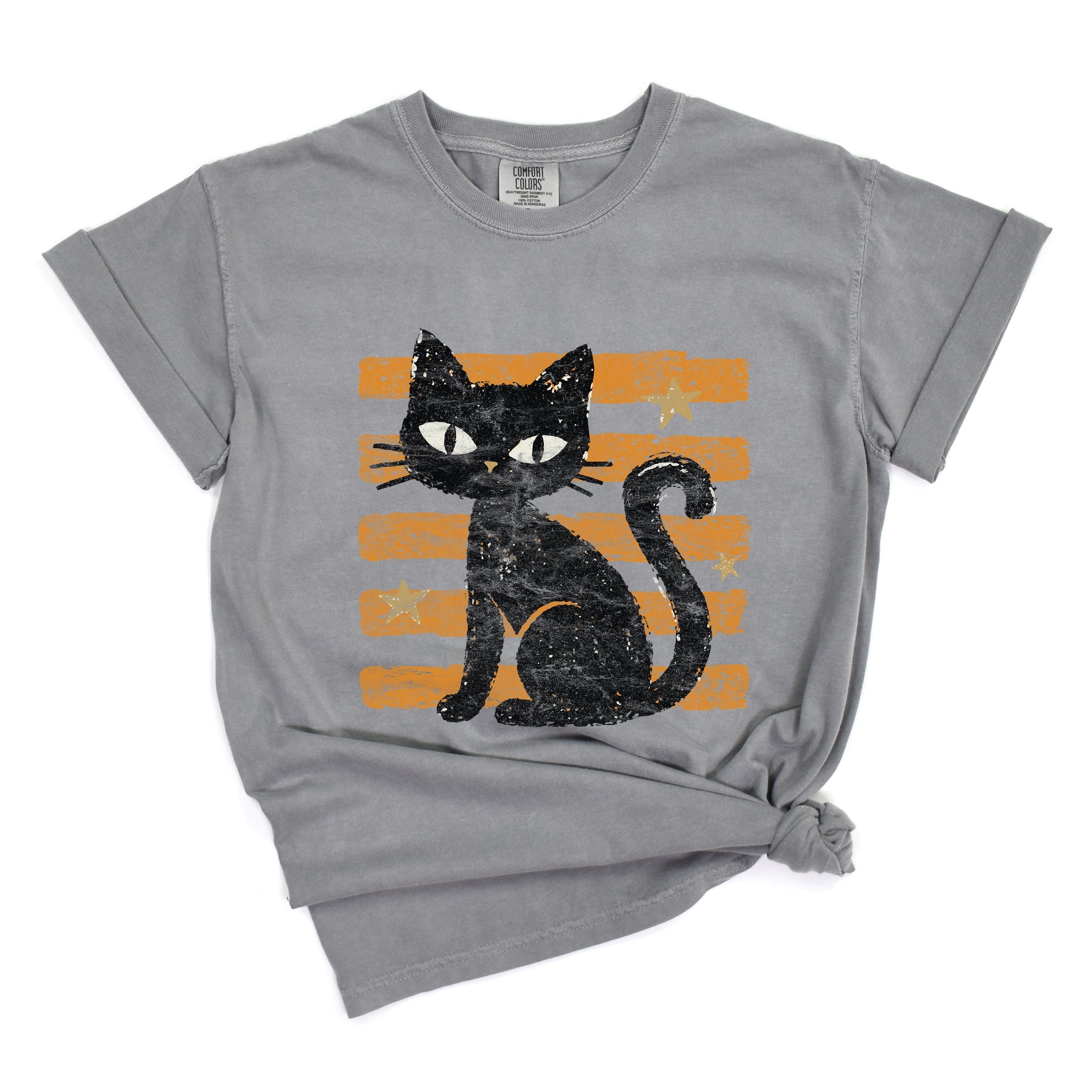 Black Cat Orange Stripes - Women's Garment Dyed Graphic T-Shirt