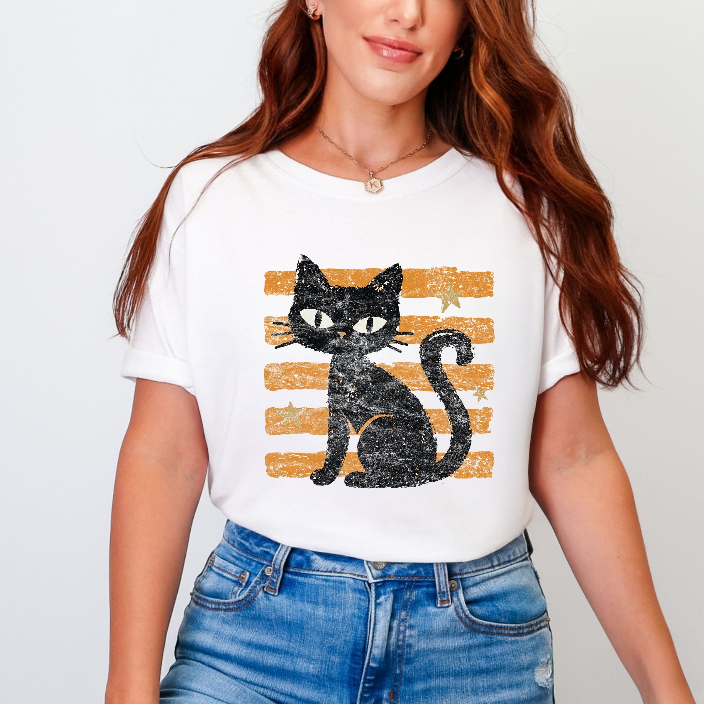 Black Cat Orange Stripes - Women's Garment Dyed Graphic T-Shirt