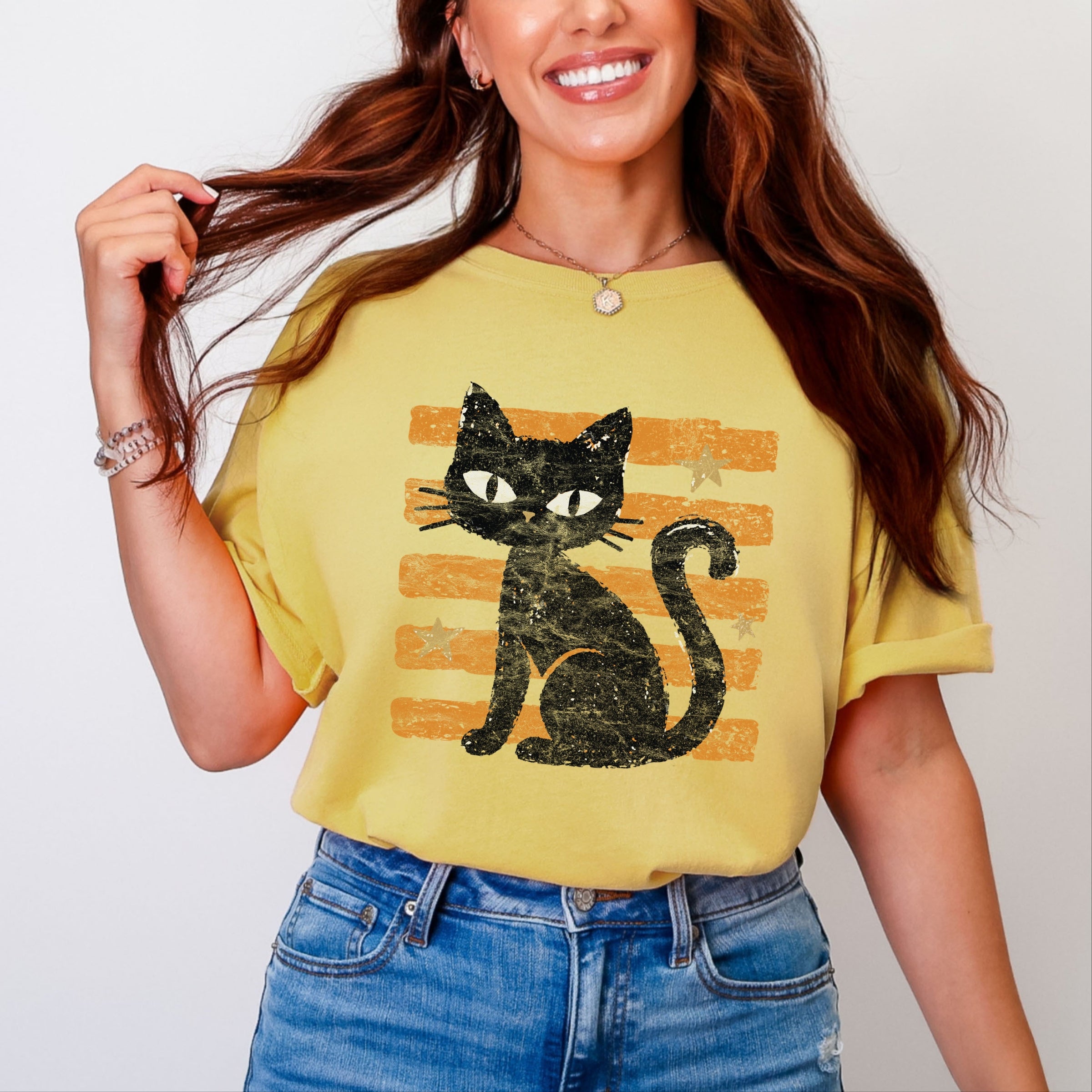 Black Cat Orange Stripes - Women's Garment Dyed Graphic T-Shirt